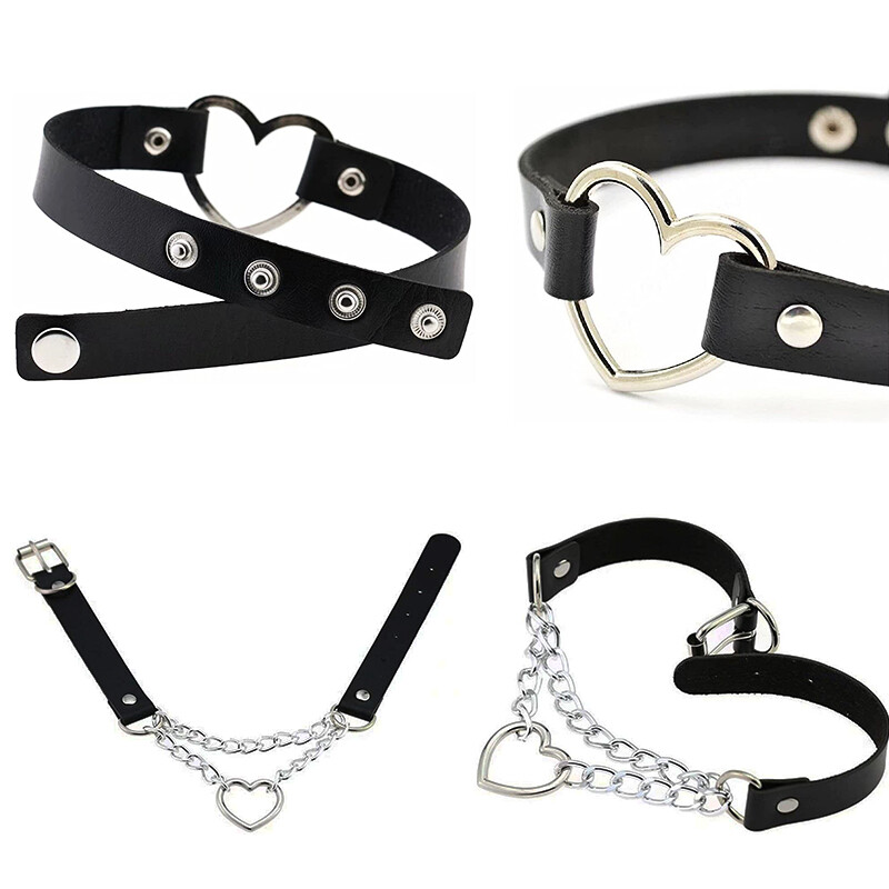 PU Leather Choker Necklace Adjustable Heart Chain Neck Collar Gothic Punk Gift