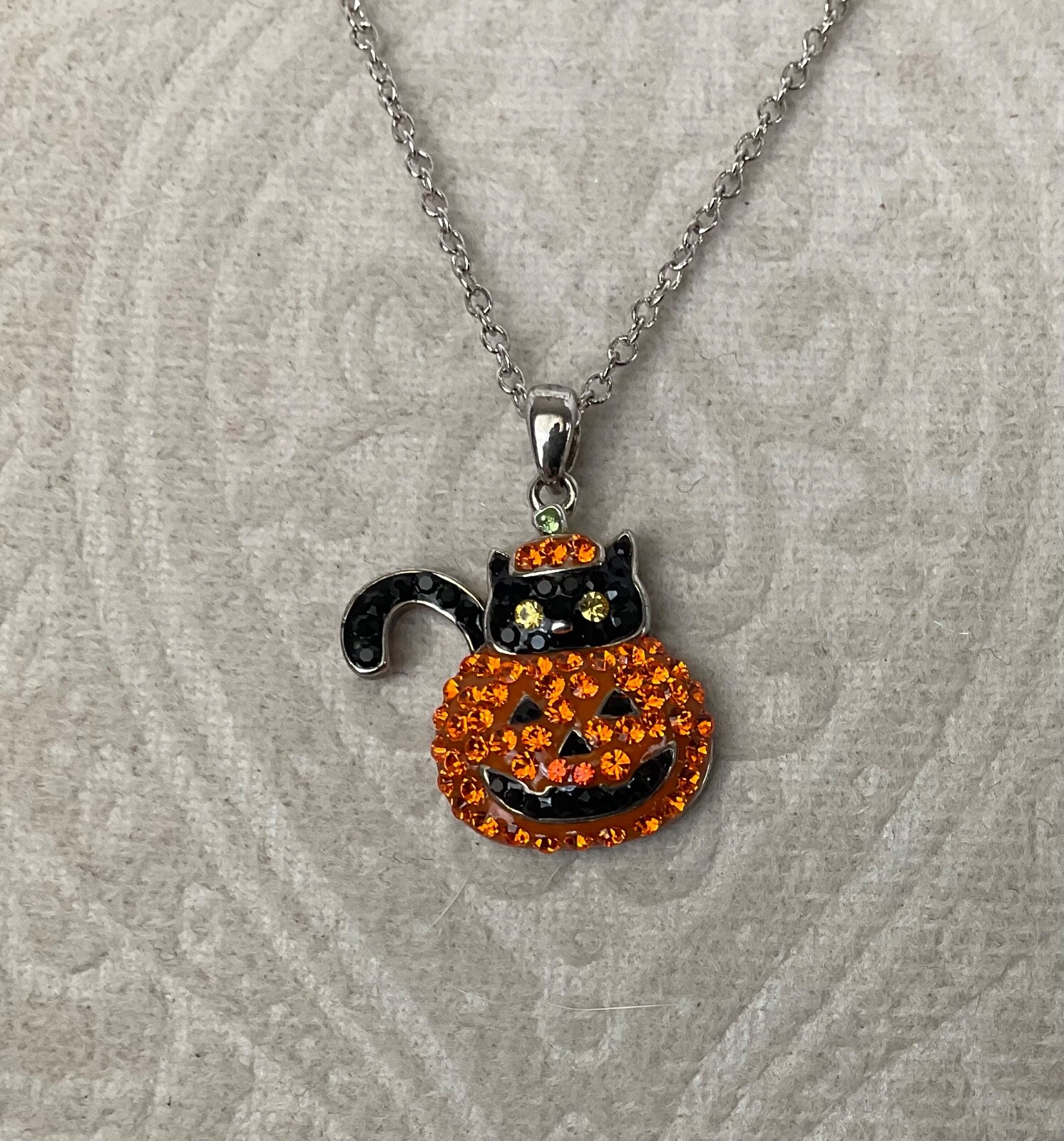 Halloween Black Cat & Pumpkin Necklace Pave Rhinestones Silver Tone 18” Chain