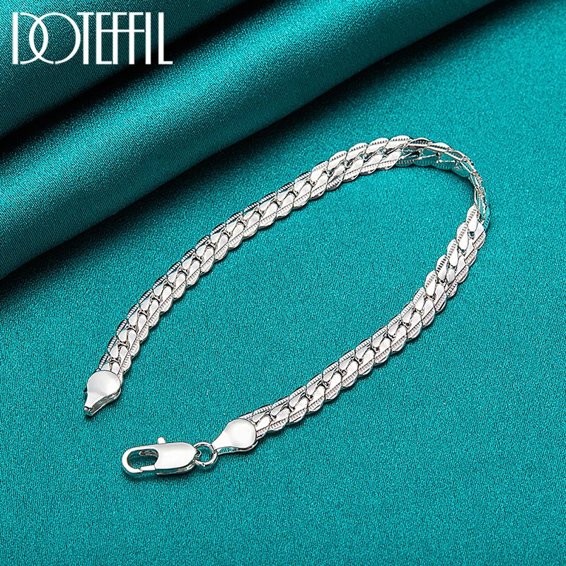DOTEFFIL 925 Silver Bracelet 6mm 18/19/20cm Flat Side Chain Lobster Clasp