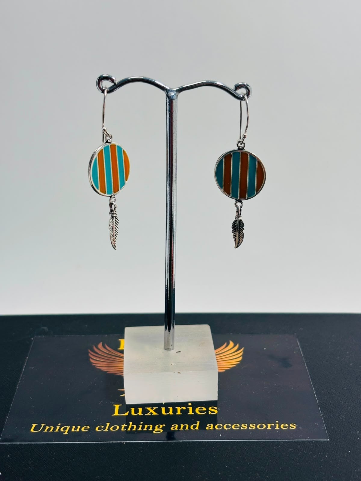 925 Silver 30mm Striped Feather Enamel Earrings Hook Settings Made In UK HMJ104