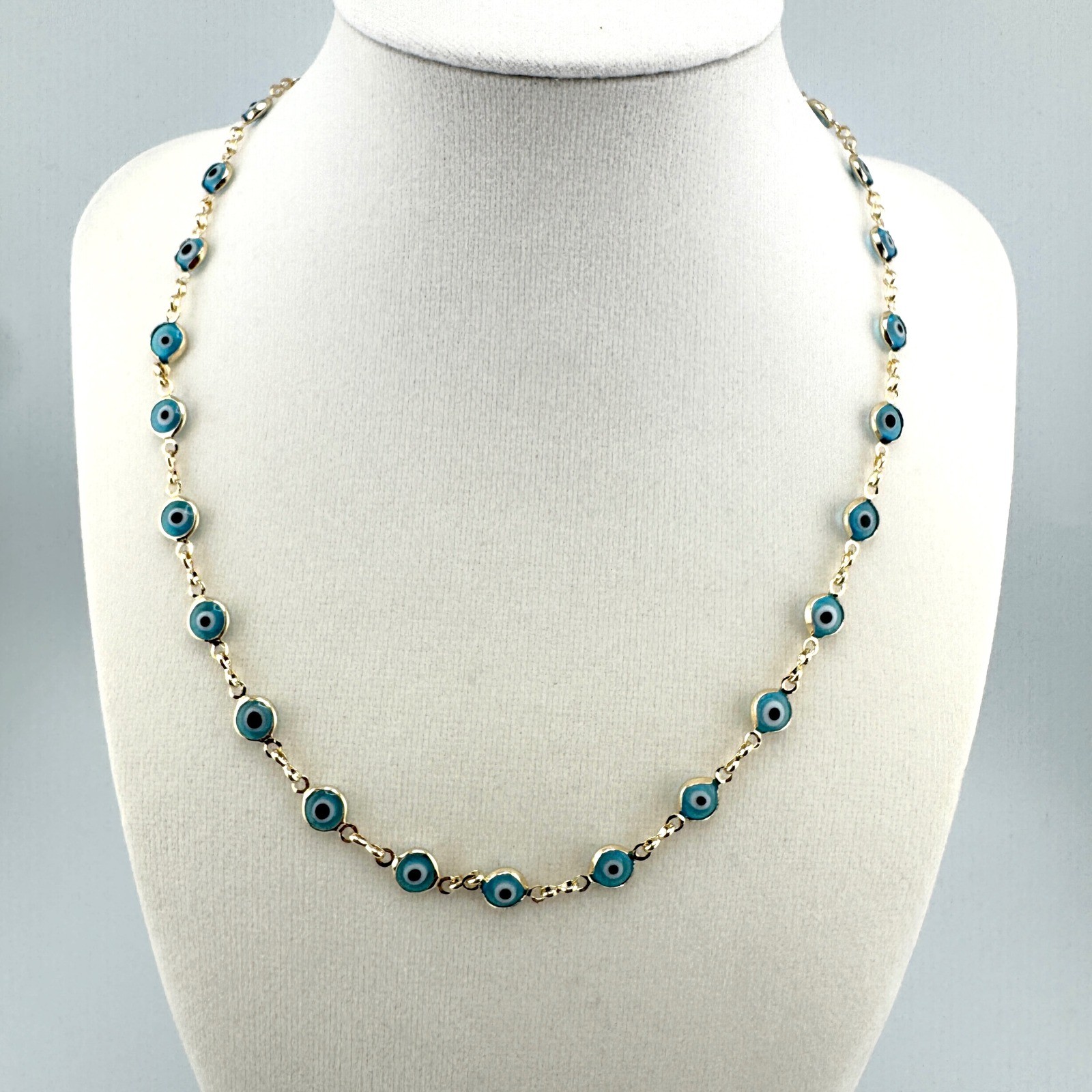 Gold Tone Evil Eye Station Necklace Blue Glass Nazar Protection Charm 18 Inch