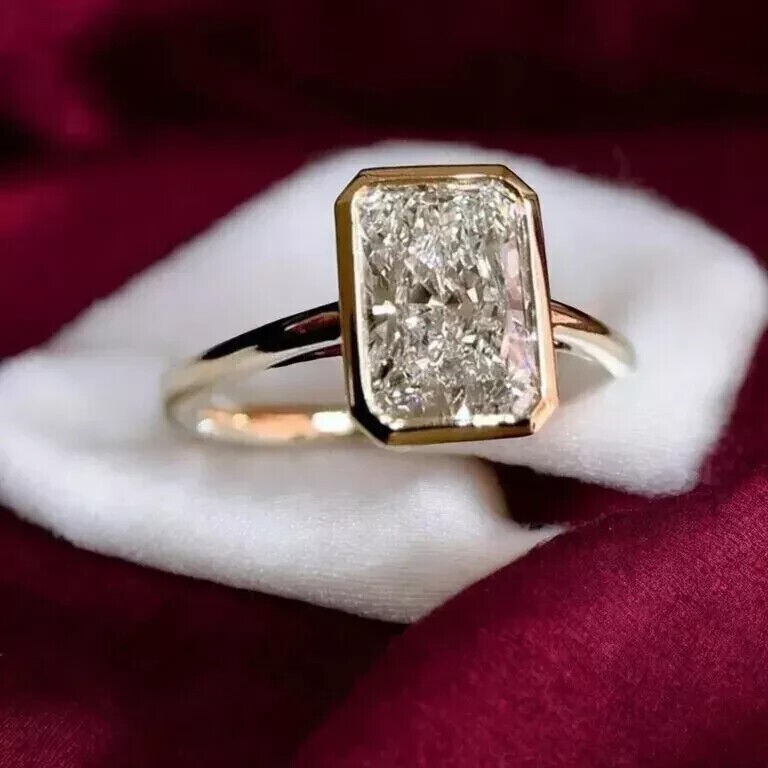 3CT Radiant-Cut Real Moissanite Bezel Engagement Ring 14K Yellow Gold Plated