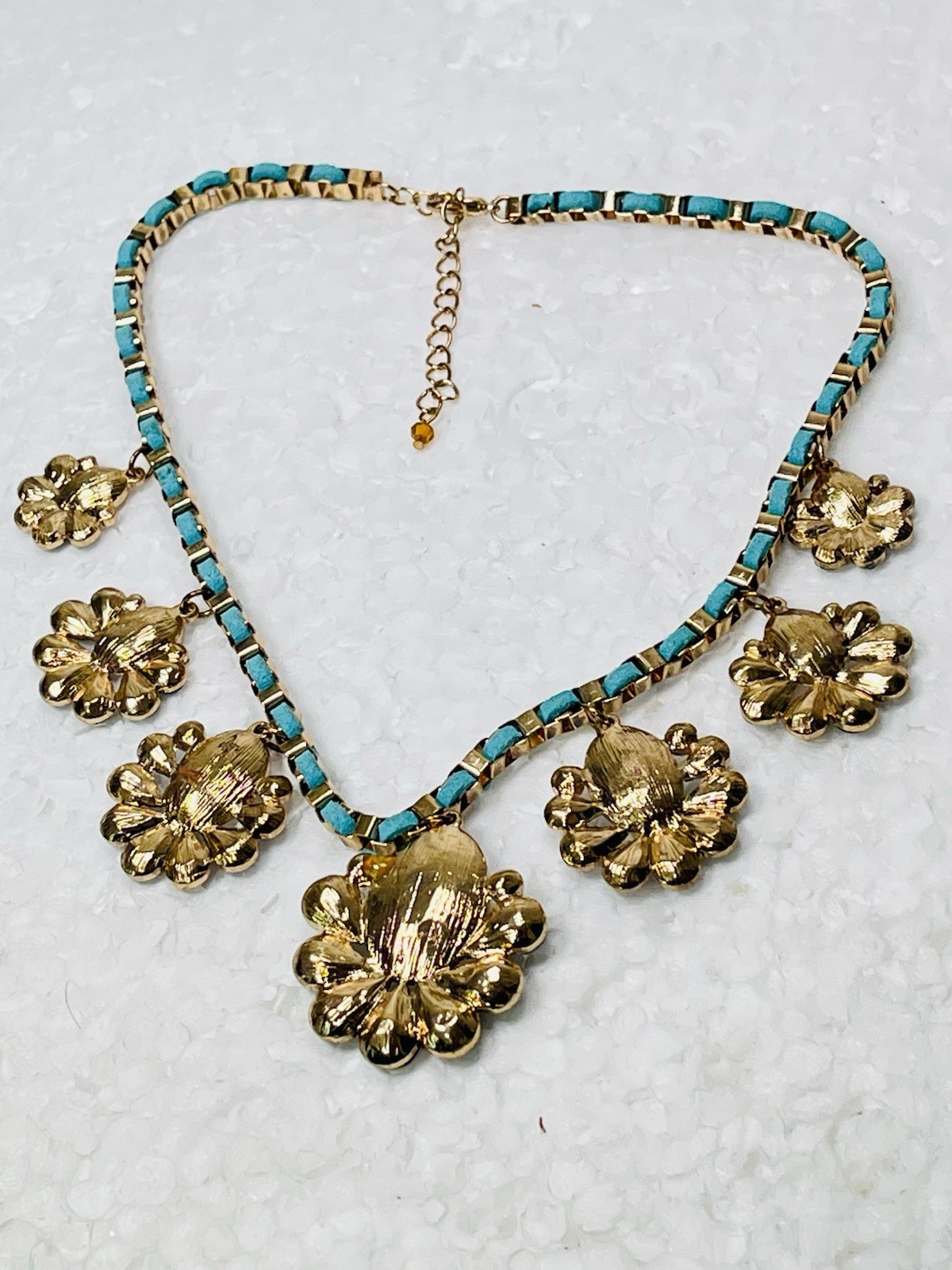 Unique Blue Green Gold Toned Floral Statement Bib Necklace Boho-Chic Vintage Ins