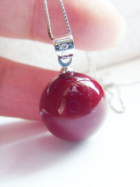 Red Natural Sea SHELL Pearl 12mm pendant 925 Silver 18″ Necklace gift Box PE33