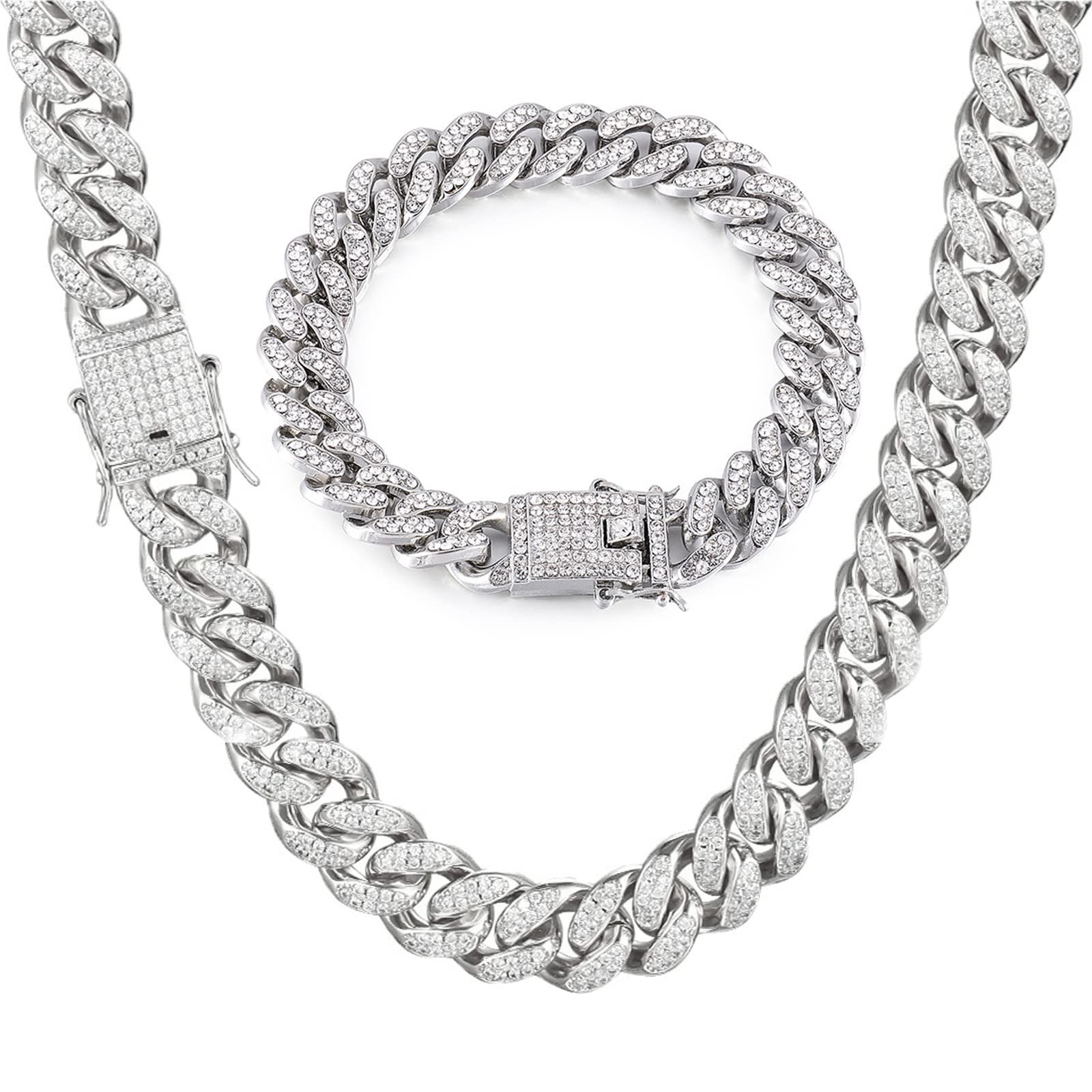 Men’s Cuban Link Chain & Bracelet Set, Silver Iced Out Diamond Hip Hop Jewelry