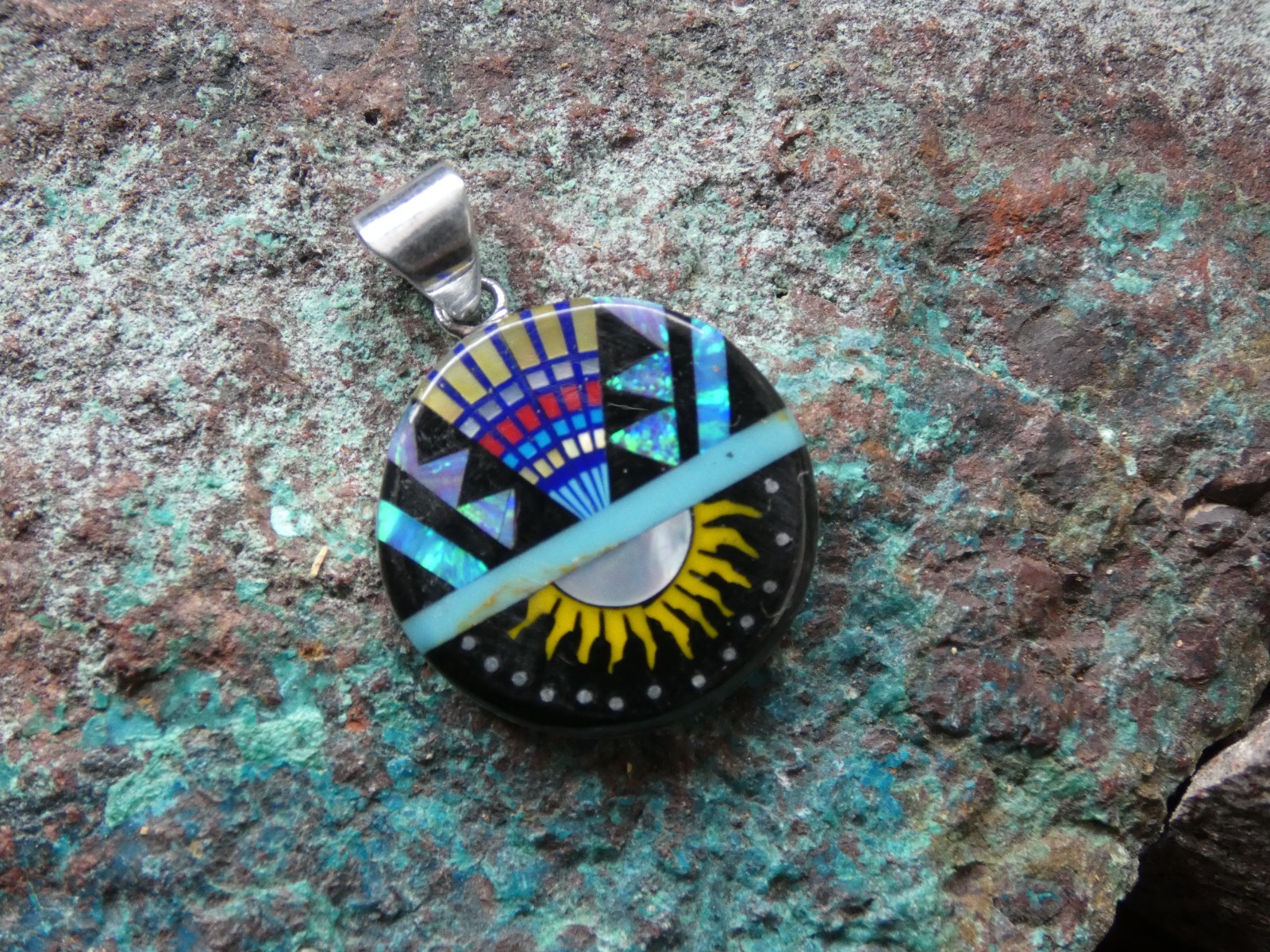 Southwestern Sun Multi Gemstone Opal Aluminum Sterling Silver Alloy Pendant AT1