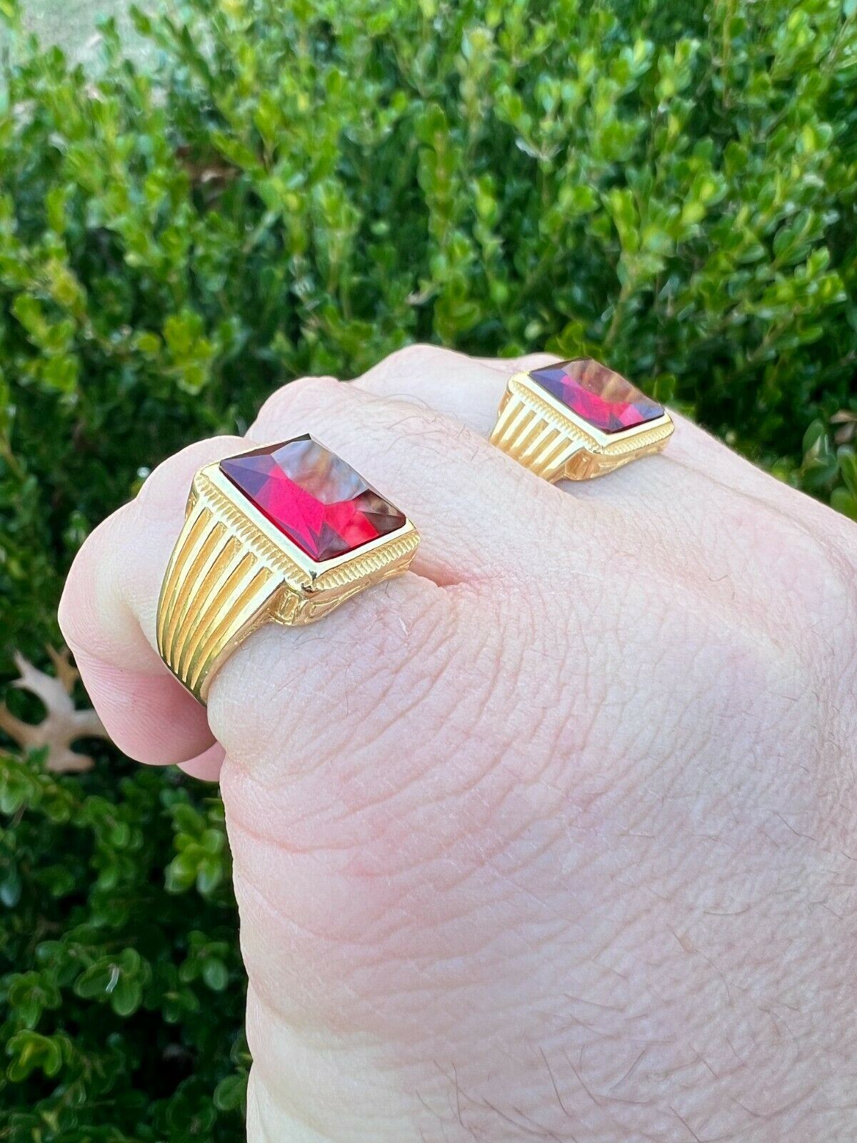 Mens Real 14k Gold Vermeil Over Solid 925 Silver Red Stone Ring Hip Hop Ice