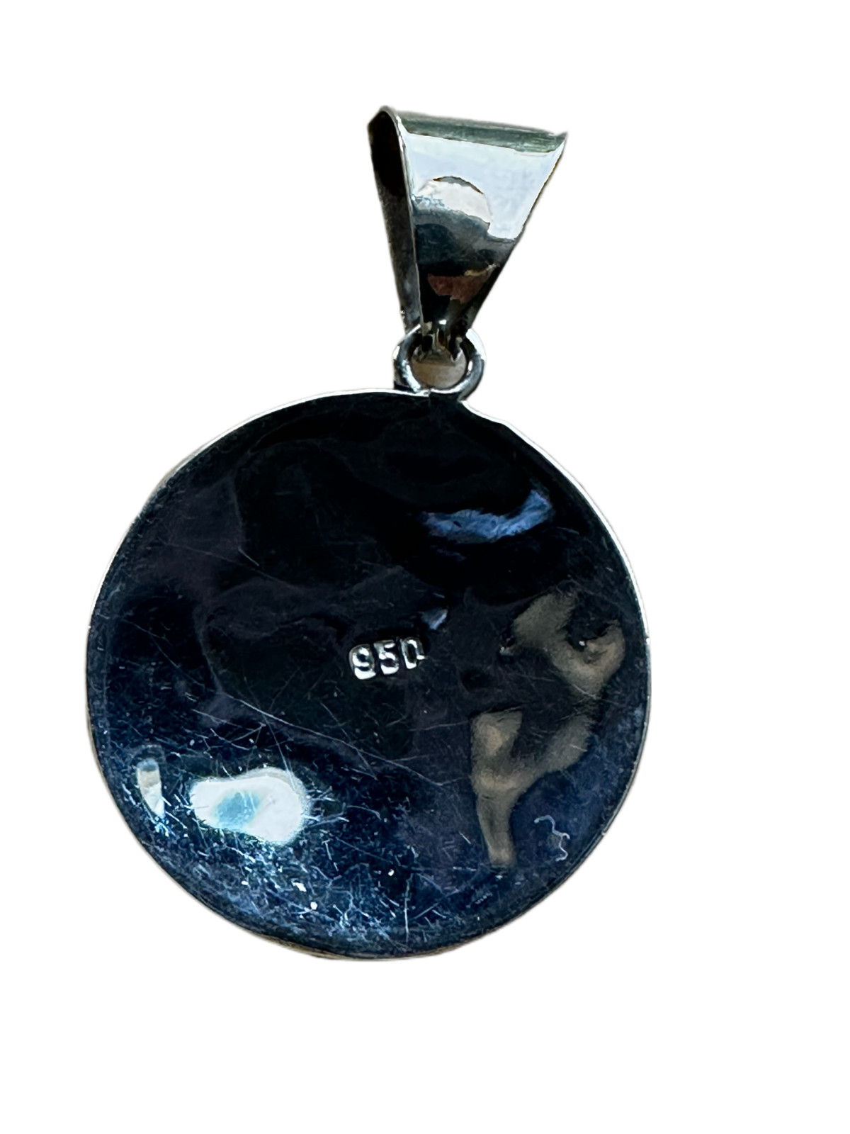 Handmade Peru 950 Silver Pendant Natural Stone Shell Inlay Artisan Round 1″