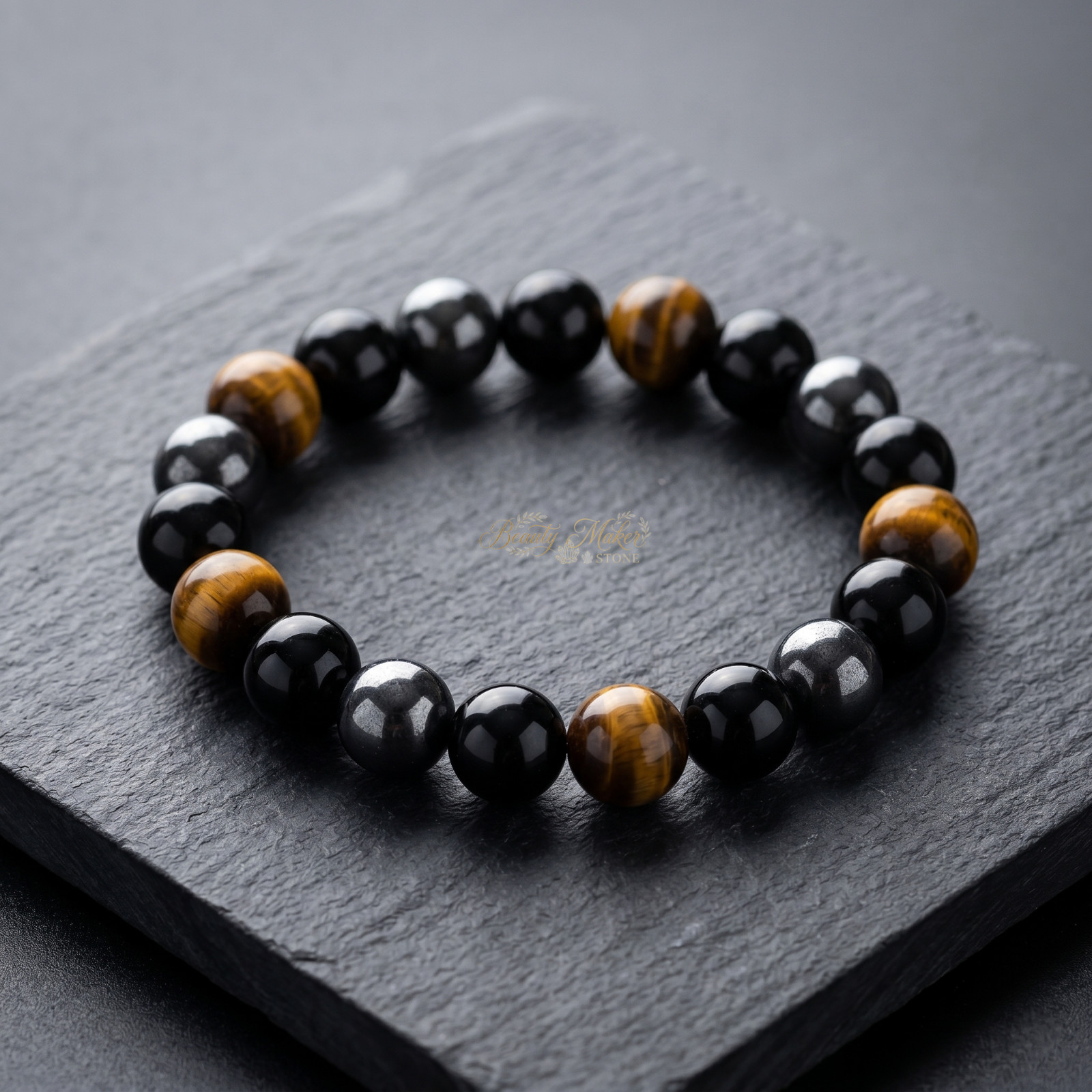 Tiger Eye Black Obsidian Hematite Bracelet 10mm Triple Protection Men Gift 7.5″