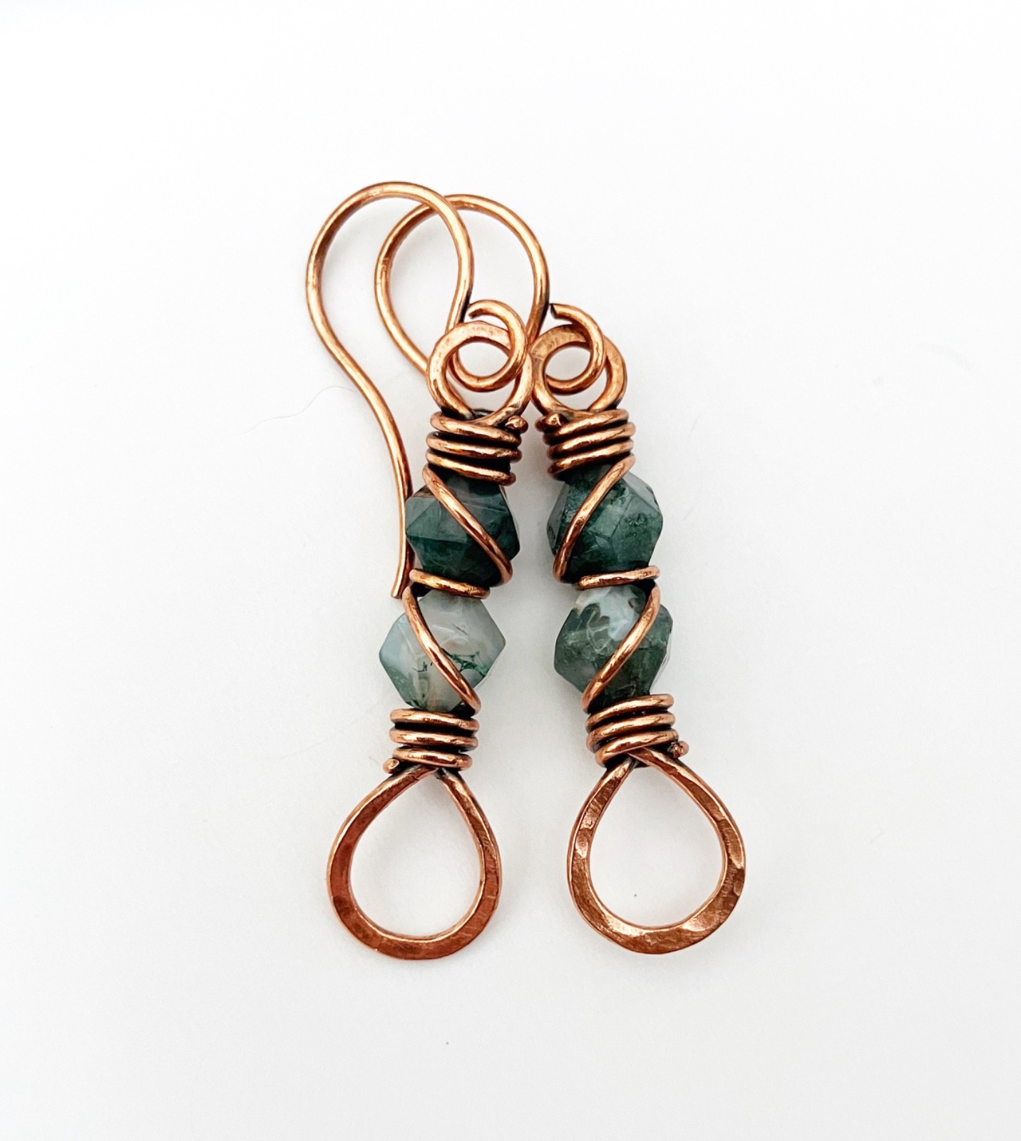 Wire Wrapped Moss Agate Dangle Drop Earrings Copper Crystal Bohemian Jewelry