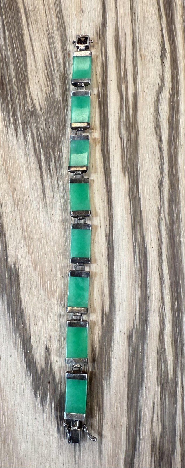 Sterling Silver 925 Jade Bangle Bracelet Green Ethnic Hook Womens 6.5 In 13.74g