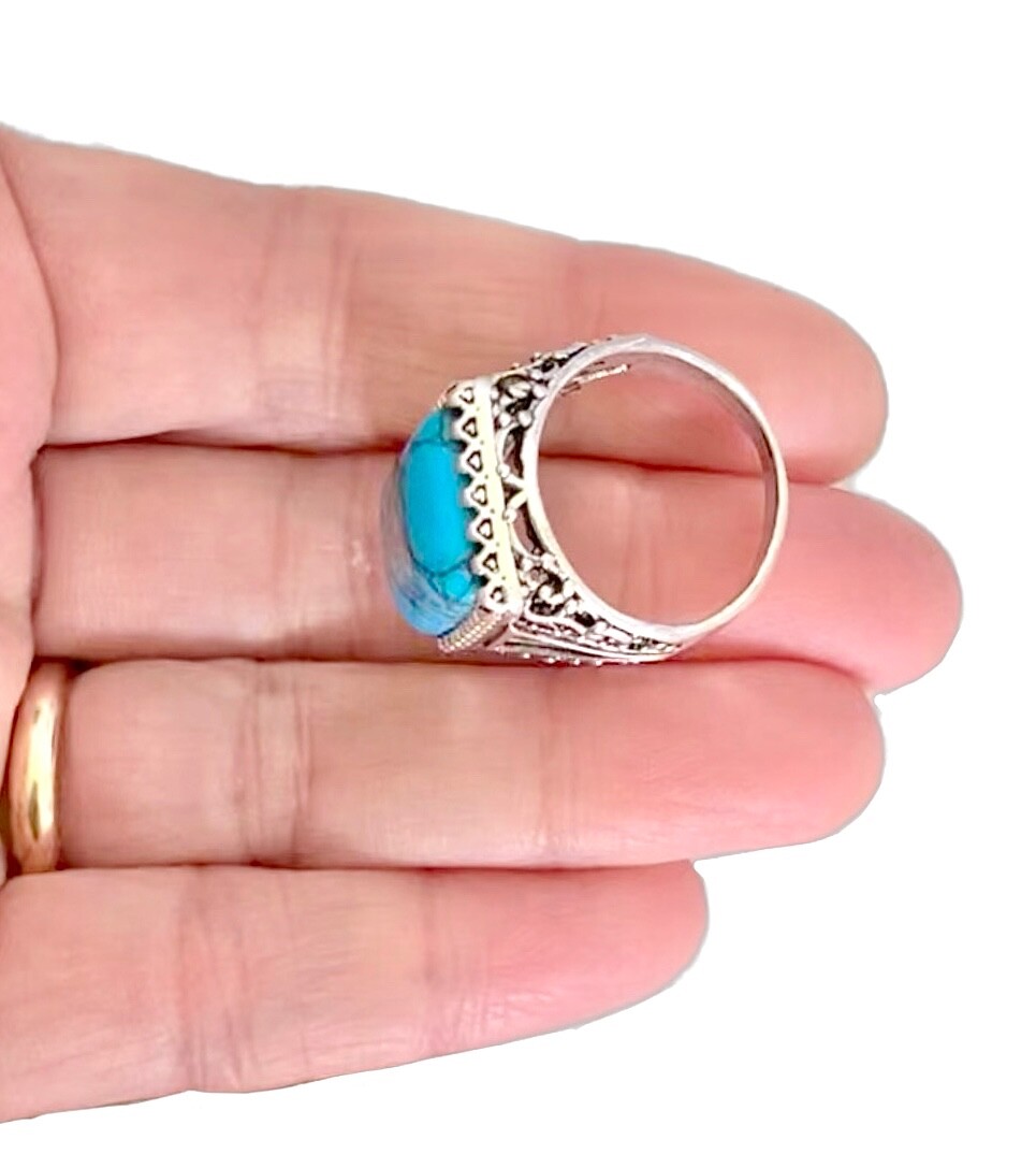 Simulated Turquoise Blue Cabochon Casual Everyday Ring Size 8.5