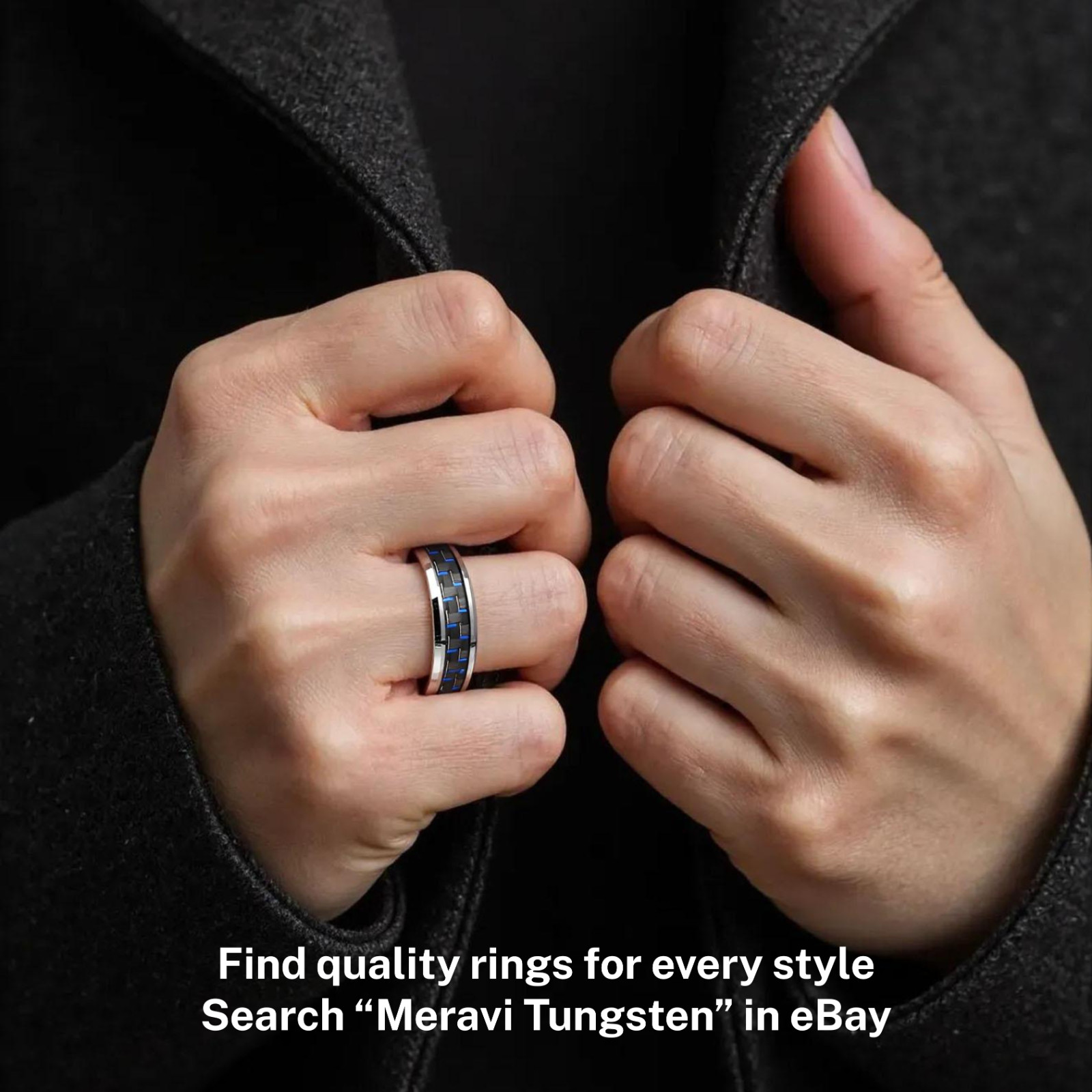 Tungsten Carbide Blue Black Carbon Fiber Ring Men Engagement Wedding Band Silver