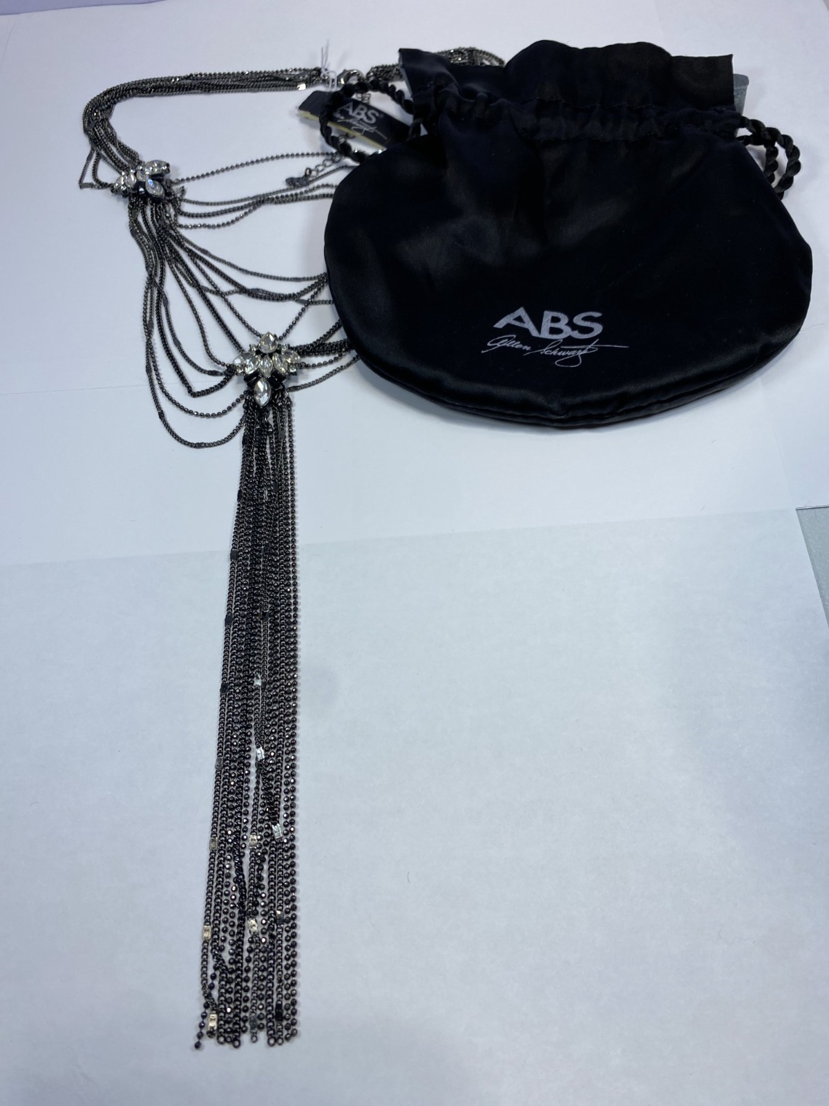 ABS by Allen Schwartz Crystal Hematite Tone Tassel Necklace, 17″ + 3″ ext, New