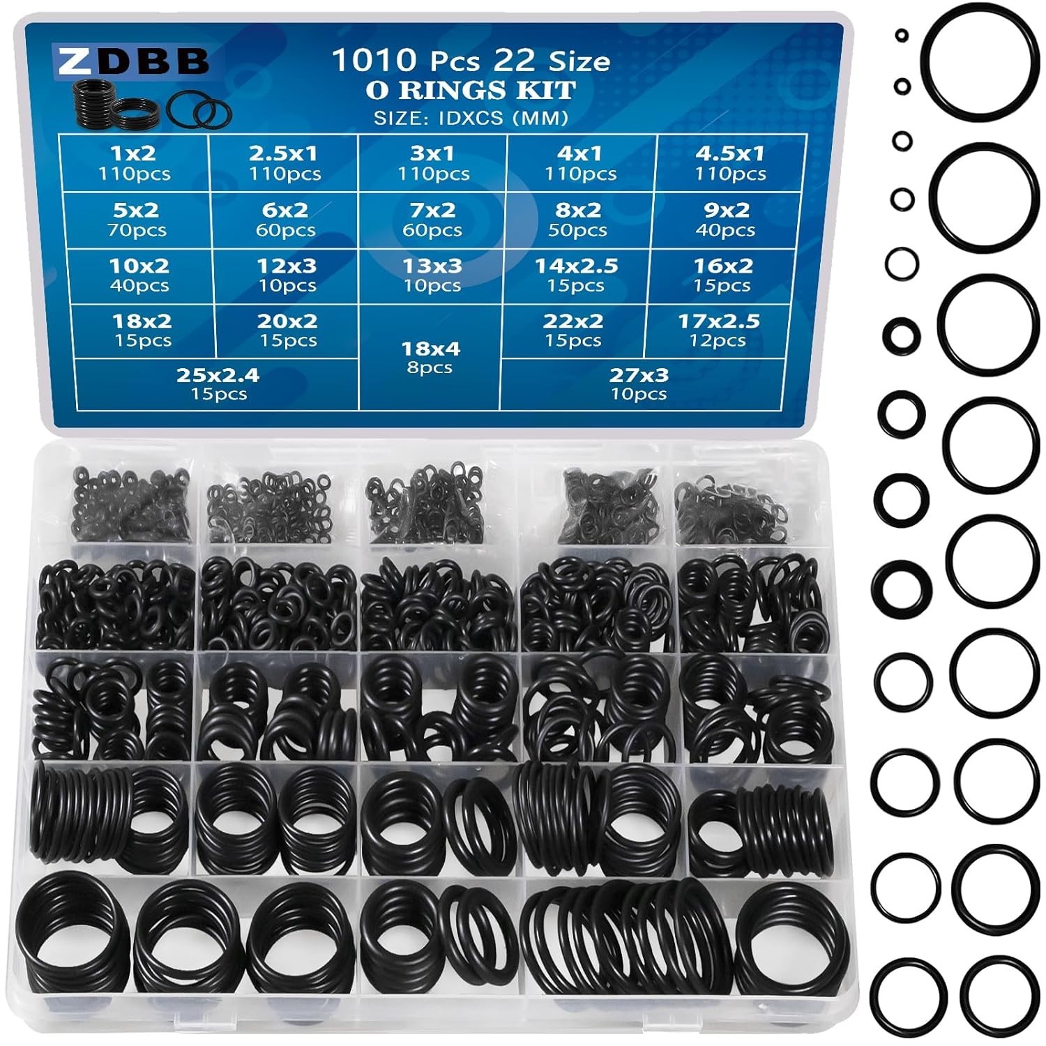 Universal 1010-Pc O-Ring Set in Nitrile Rubber – 22 Sizes for All Applications