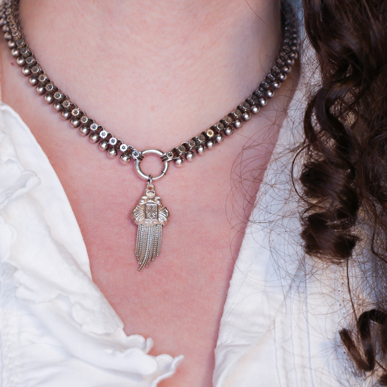 Antique French Puffy Tassel Charm Sterling Silver Die Struck Engraved 19th Cross