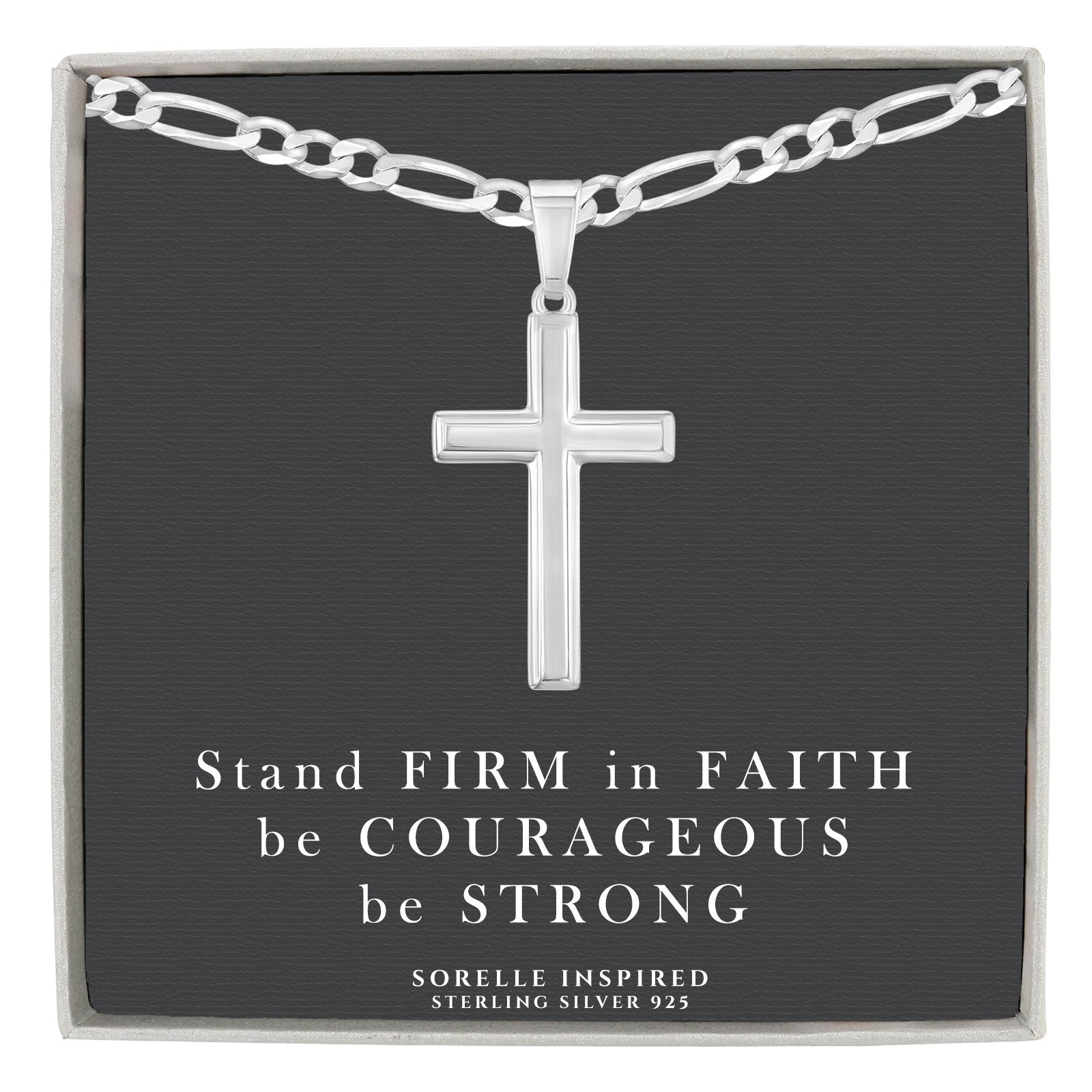 Mens Solid Sterling Silver Traditional Cross Necklace Italian Figaro Chain Gift