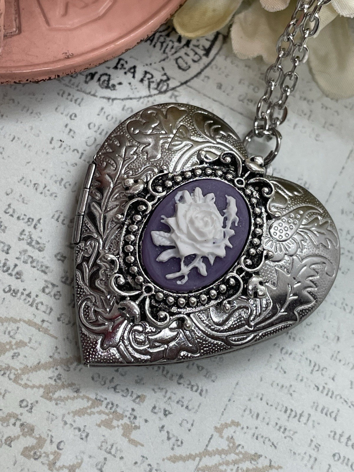 Heart Silver Locket Purple & White Birthday Gift Rose Necklace Photo wedding