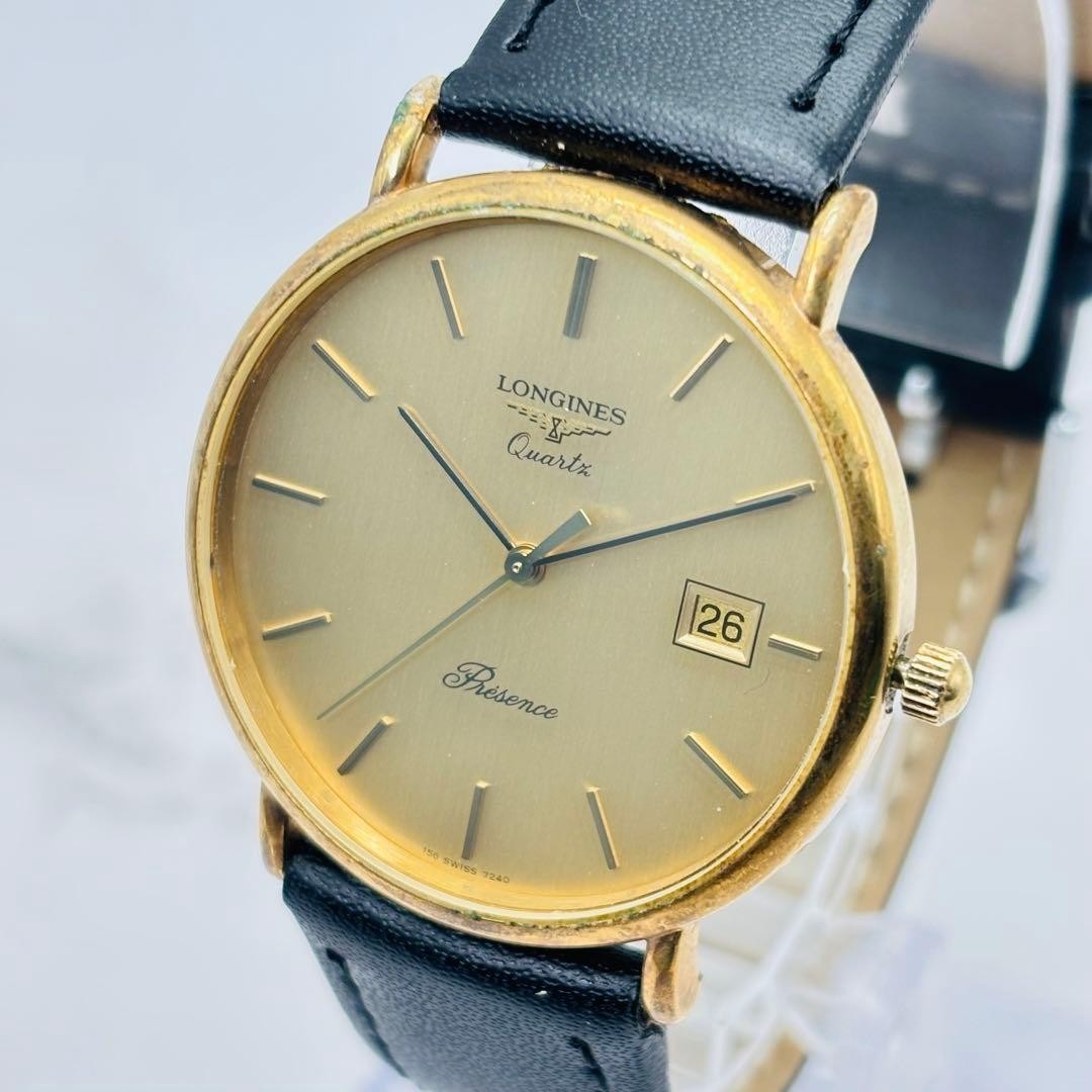 Longines Presence 7240 Vintage Men Watch Quartz Gold Dial 34mm New Battery Japan