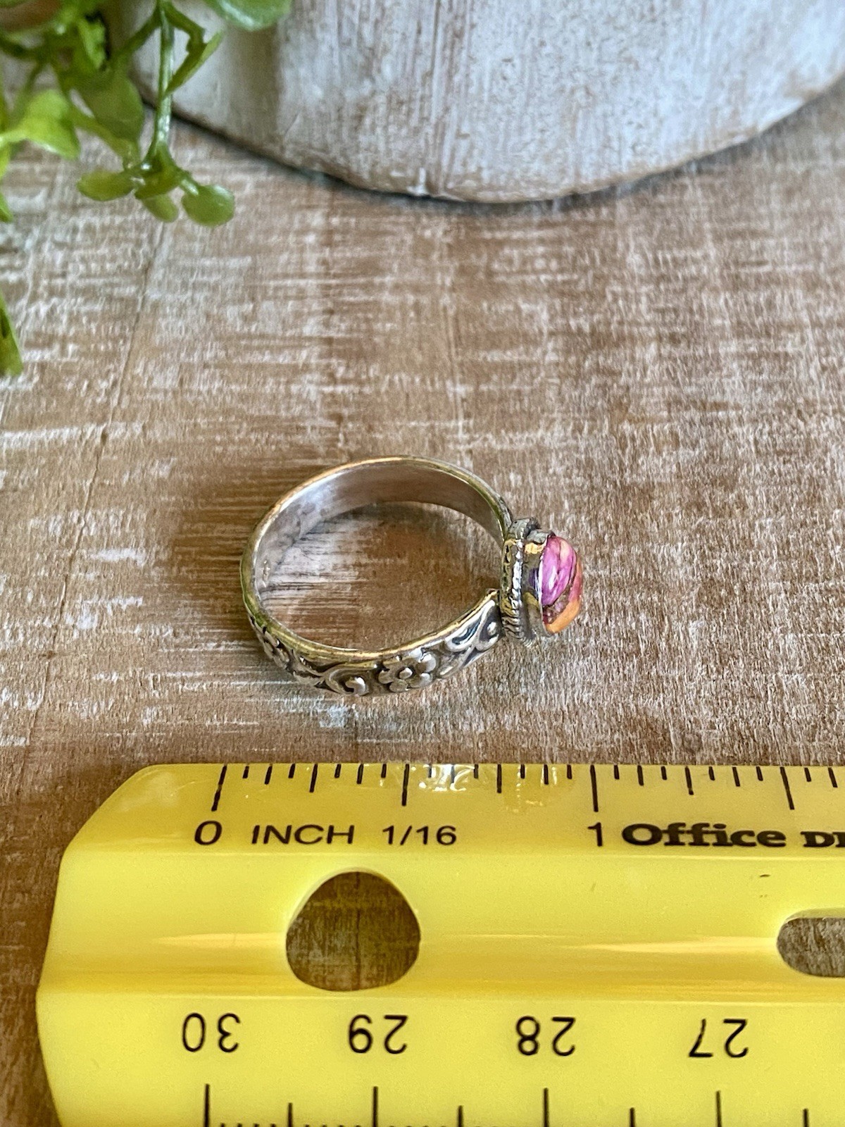 Pink Orange Spiny Oyster Shell Sterling Silver Ring Boho Southwestern Flower 8