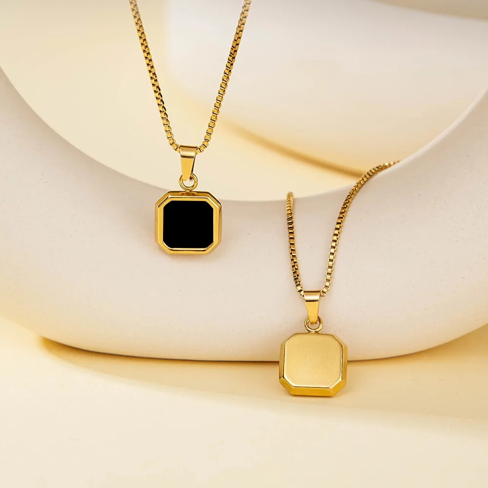 Square Pendant Necklace Stylish Black Geometric Pendant Stainless Steel Necklace