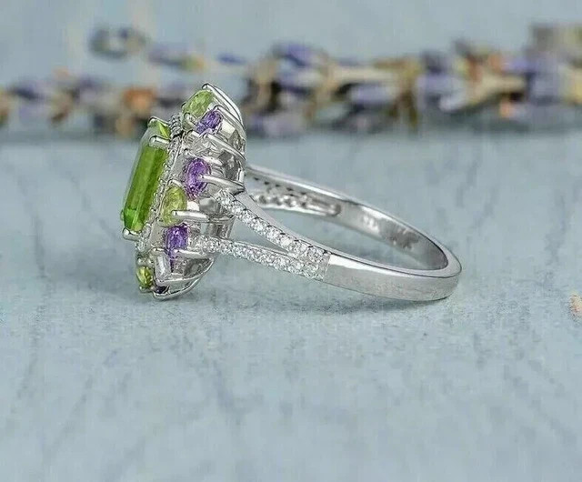 Lab Created Peridot 3.00Ct Emerald Cut Halo Wedding Ring 14k White Gold Plated