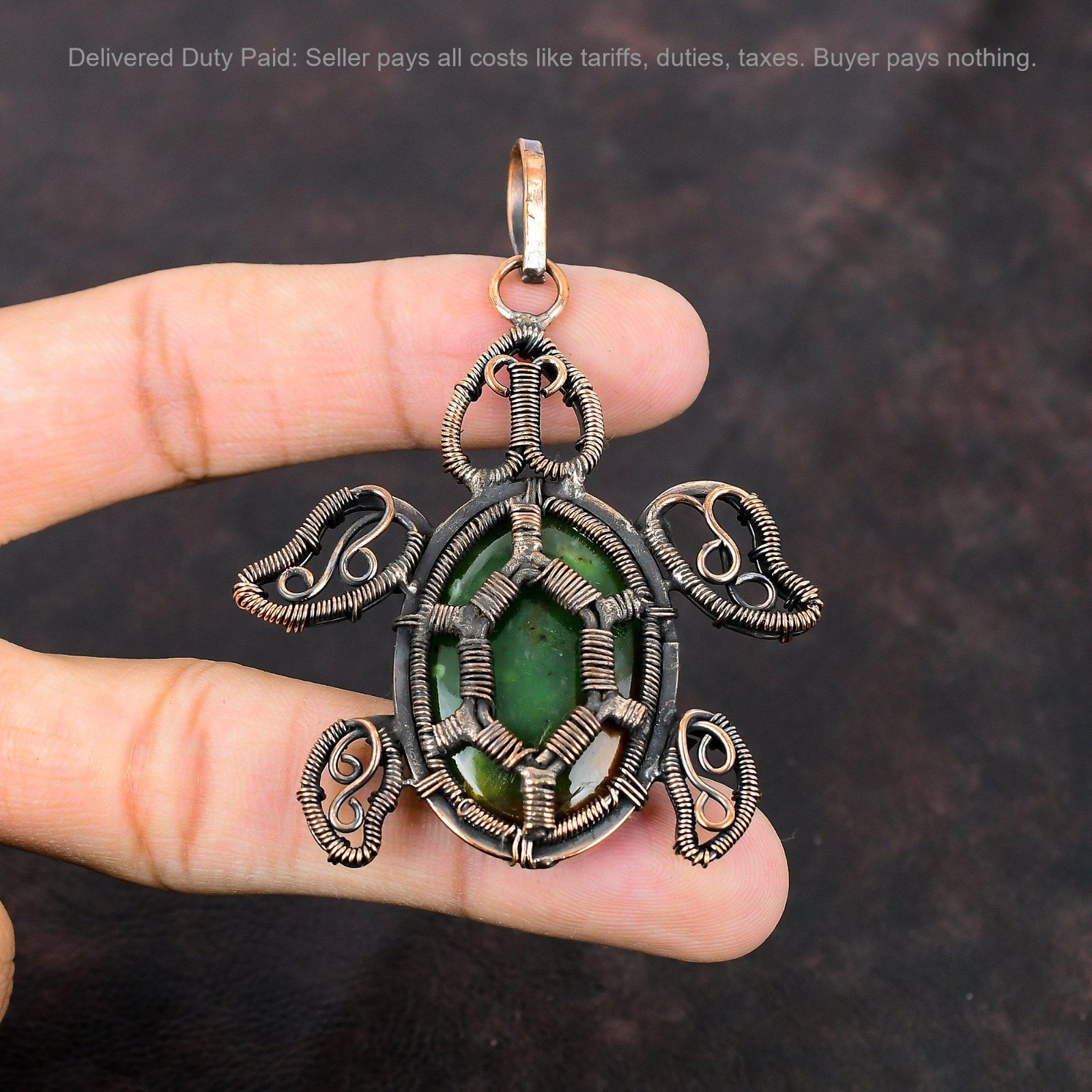 Oval Boulder Chrysoprase Gemstone Wire Wrapped Tortoise Pendant Jewelry Copper