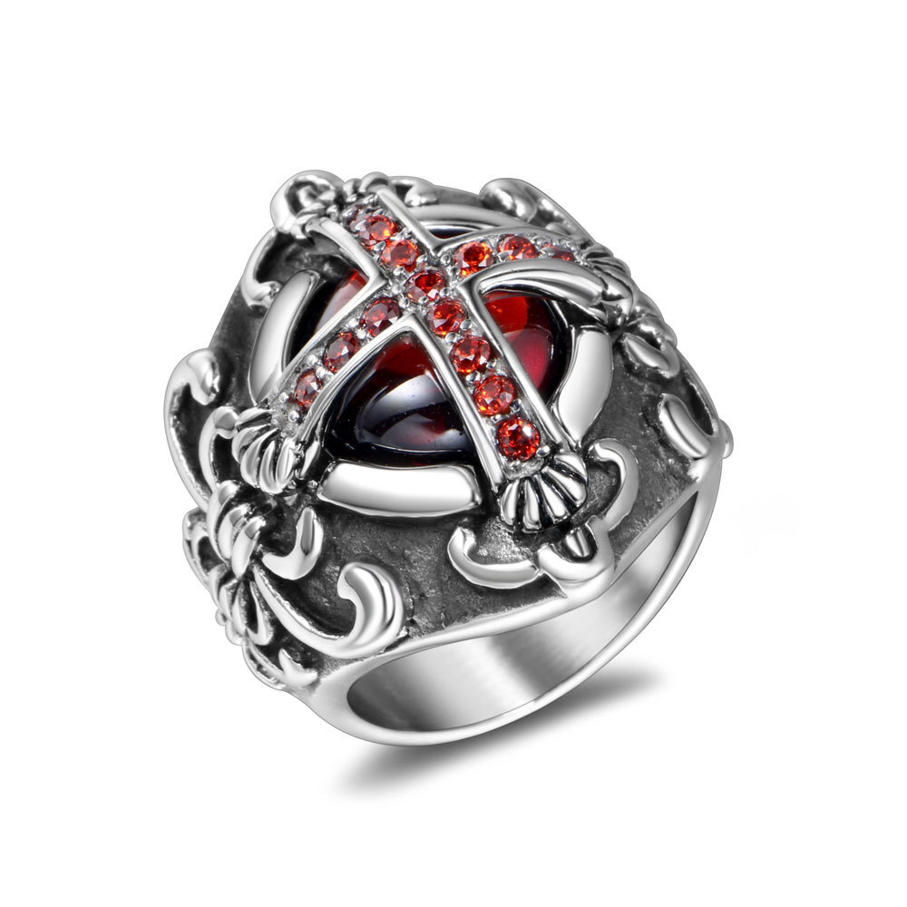 Knights Crusades Templar Shield Cross Celtic Red Stone Stainless Steel Ring