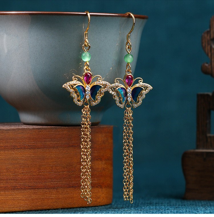 Jade Crystal Drop Dangle Earrings Butterfly Flower Bohemian 18K Gold Plated