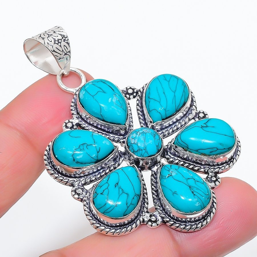 Blue Turquoise Gemstone Handmade 925 Sterling Silver Jewelry Pendant Size 2.1″