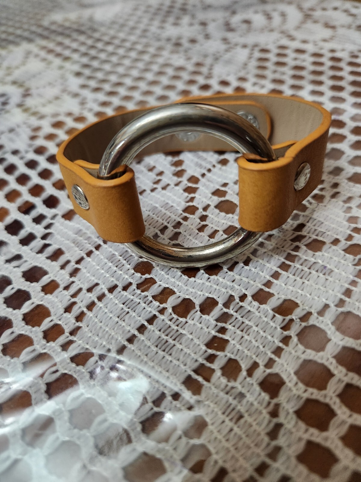 Vintage O-Ring Faux Yellow Leather Cuff Bracelet. Snaps