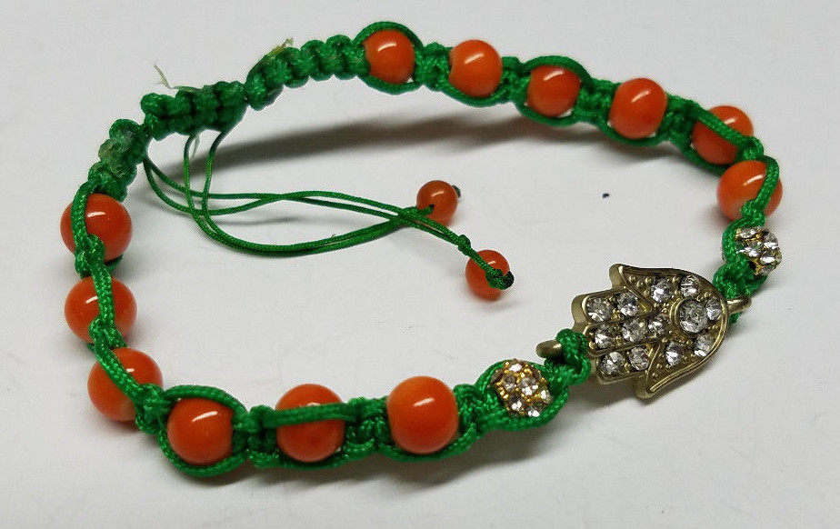 HAMSA HAND GOOD LUCK PROTECTION BRAIDED BEADED ROPE BRACELET RHINESTONE – ORANGE