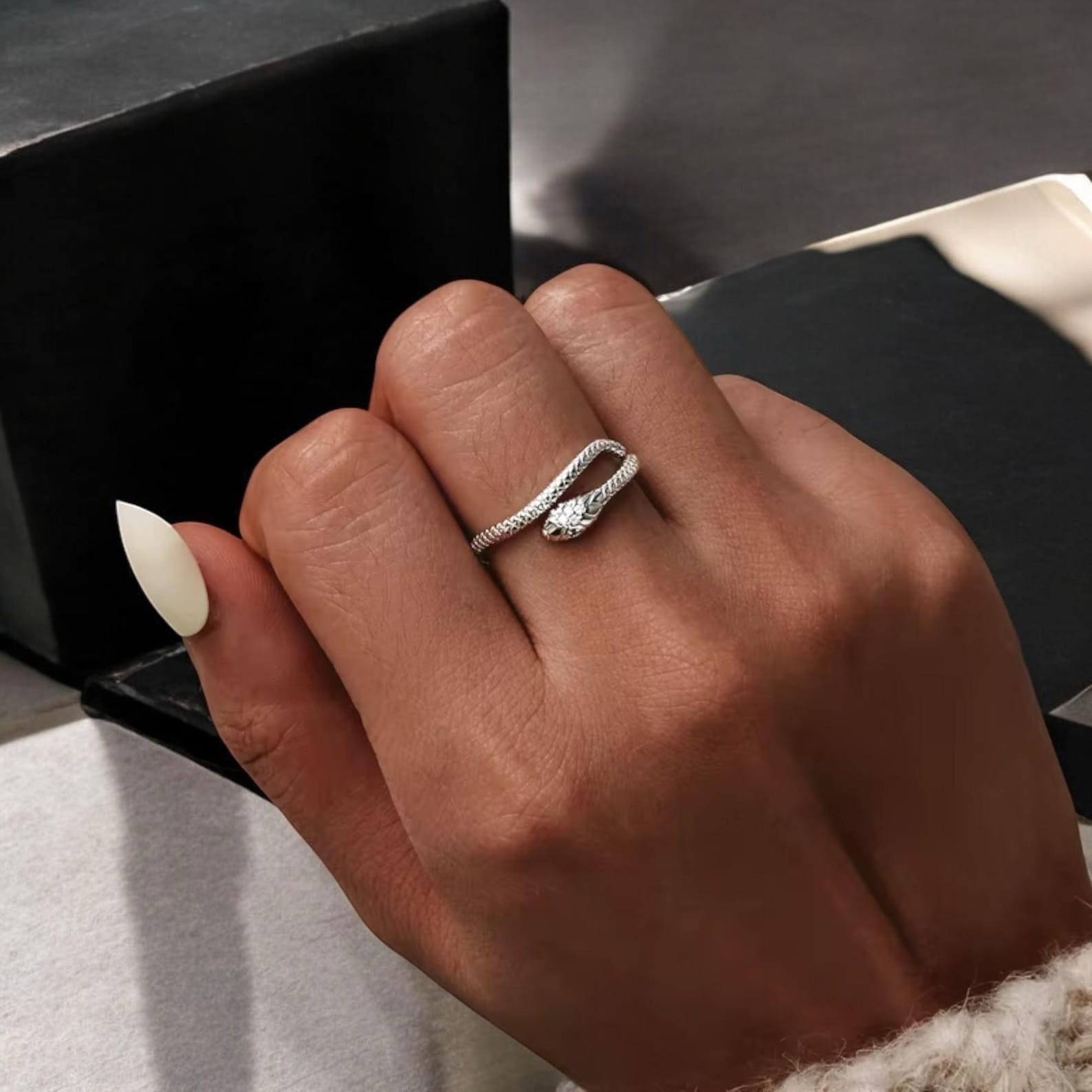 Snake Ring 925 Sterling Silver Adjustable Ring CZ Green Eye Gift Women Jewelry