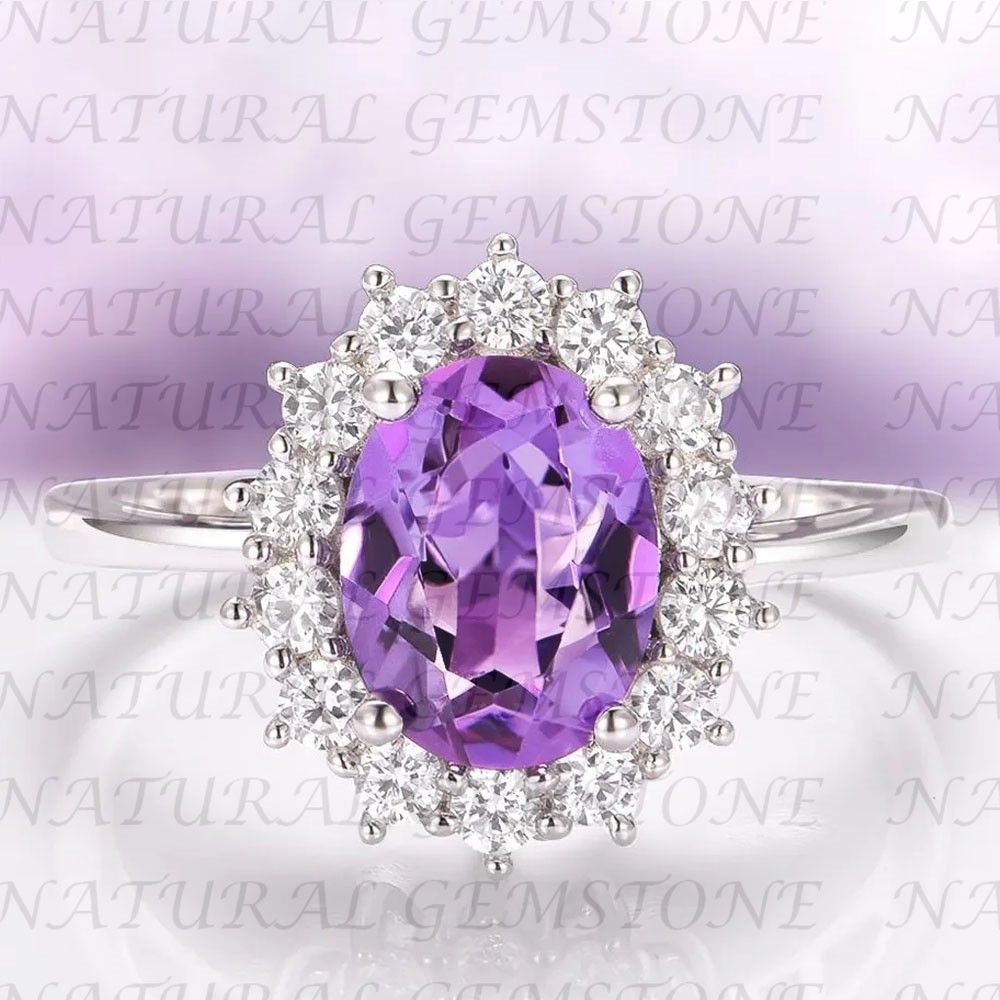 6.80Carat Oval Shape Natural Amethyst and Diamond Ring 18K White Gold Filled