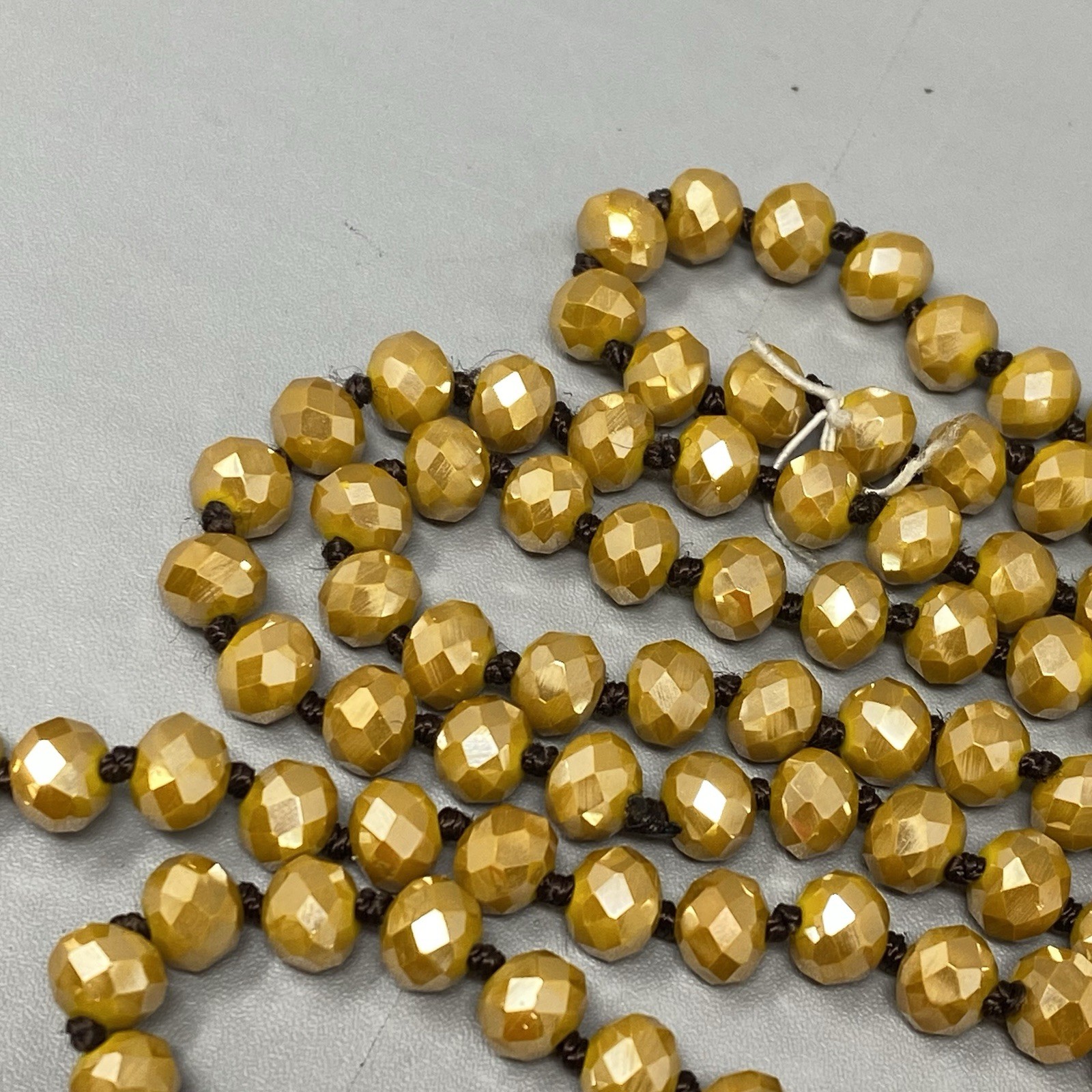 Czech Gold Glass Bead Flapper Necklace Fire Polished Coated Hand Knotted Cord 62