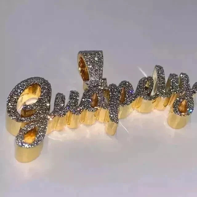 3.00 Ct Round Cut Real Moissanite Customize Name Pendant 14K Yellow Gold Plated