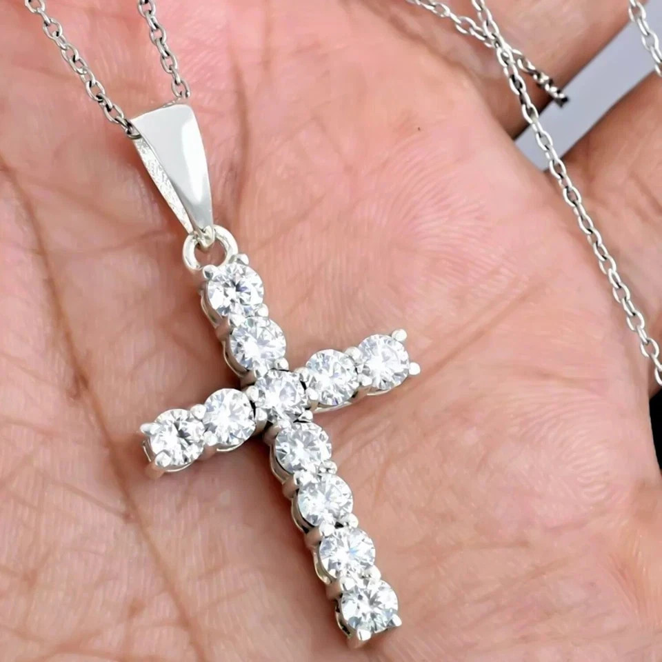 4.00 Ct Certified Round Cut White Diamond Cross Pendant In 14k White Gold