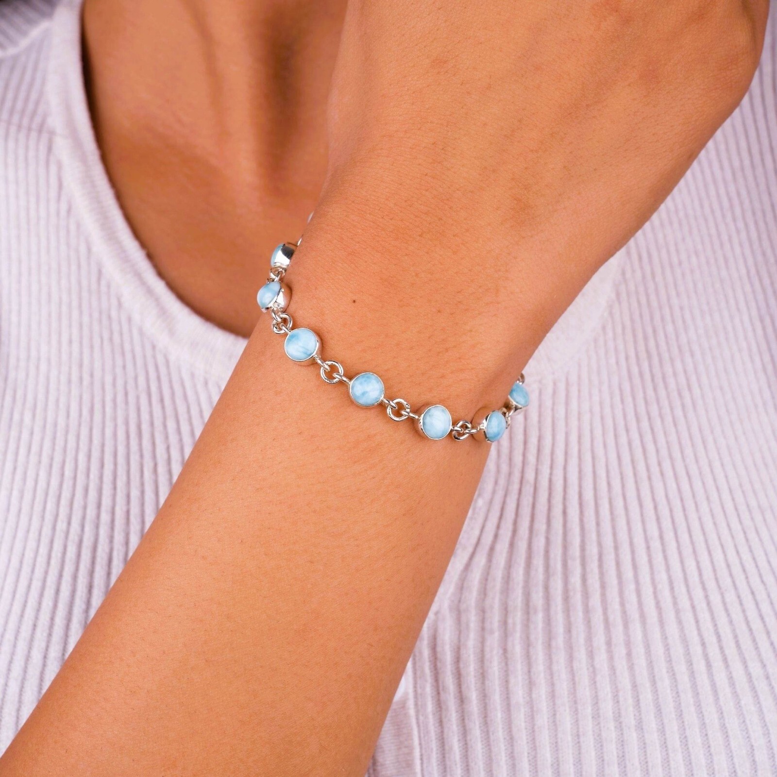 Natural Larimar Bracelet 925 Sterling Silver Designer Bracelet Gift MO**