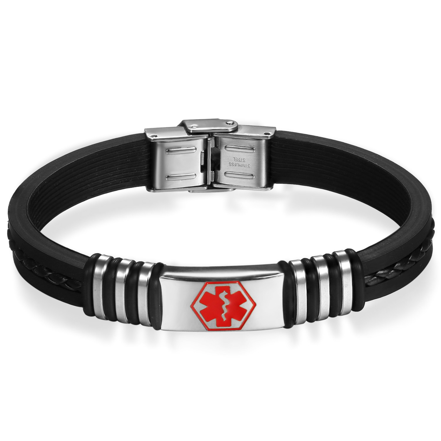 Men’s Stainless Steel Silicone Rubber Medical Alert Logo ID Bracelet Bangle Cuff