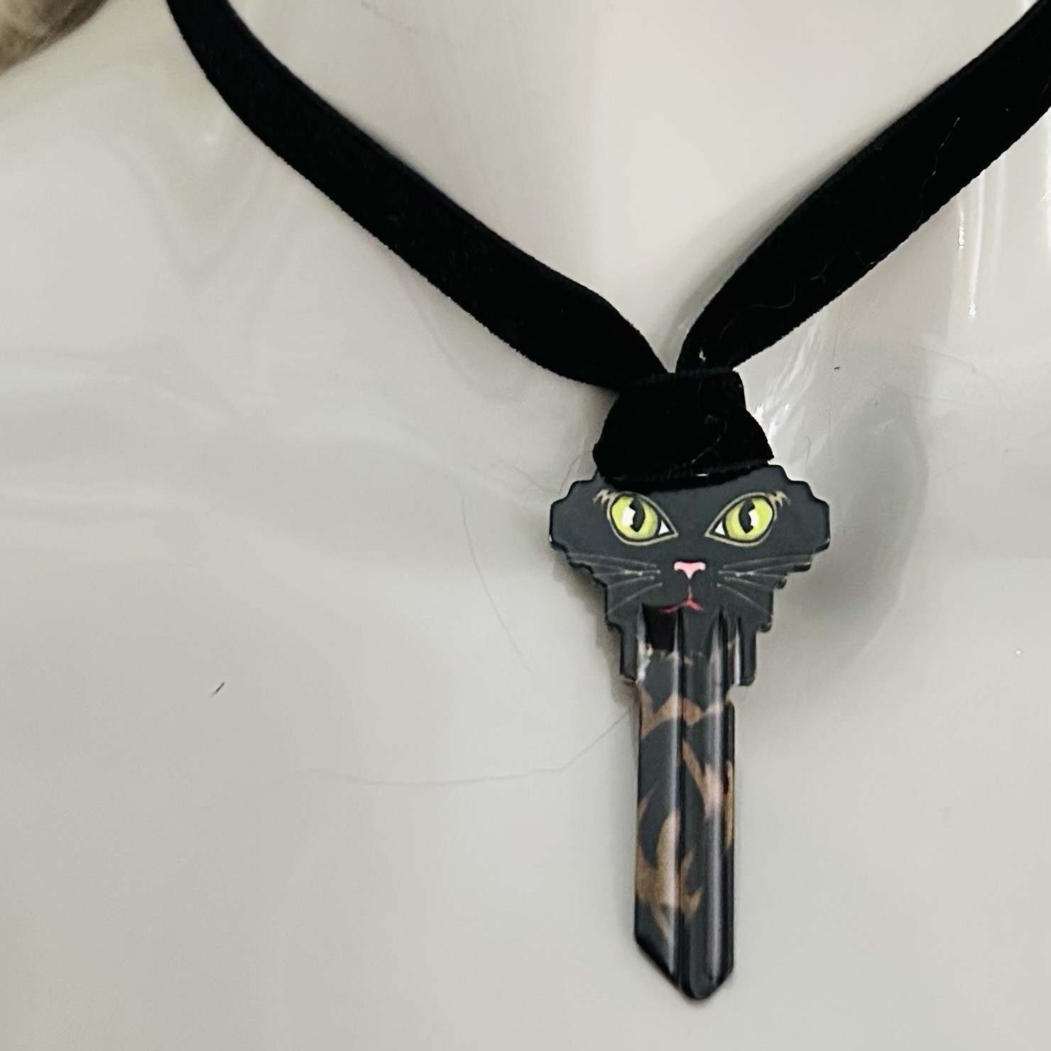 Black Cat Key Charm Pendant Necklace on Black Cord, Plastic, No Stones