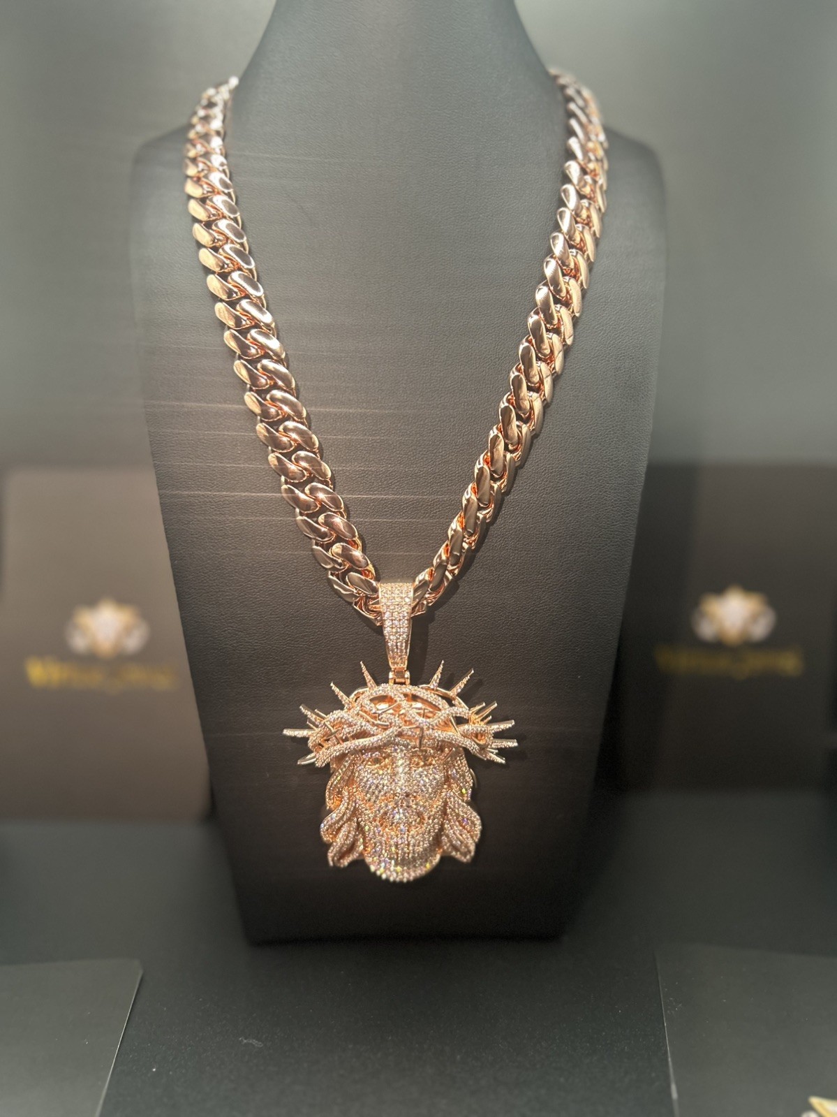 14mm Miami Cuban Link Rose Gold Plated Chain with Jesus Pendant Charm