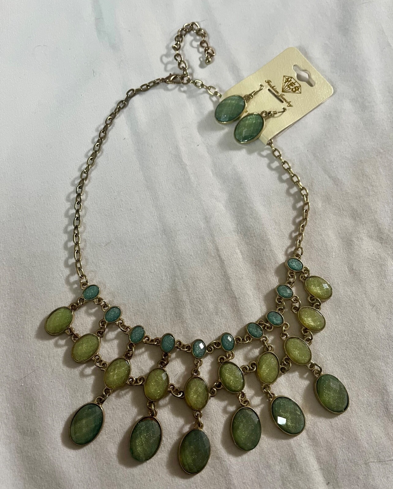 YES Green & Blue Dangle Stones Gold Necklace & Pierced Earring Set NEW ret $40