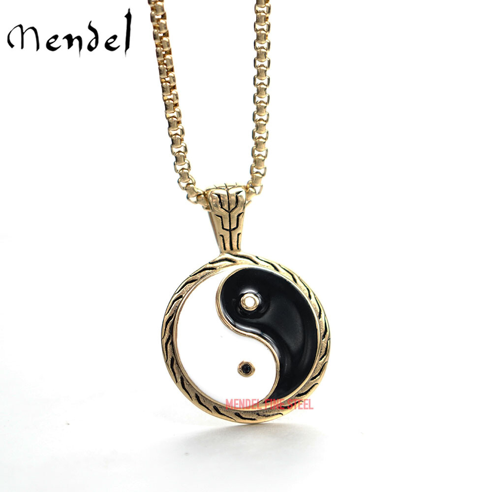 MENDEL Gold Plated Tone Mens Good Luck Protection Yin Ying Yang Pendant Necklace