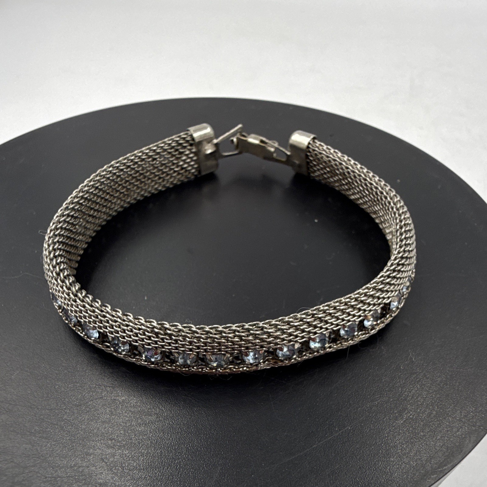 Silver Tone Round Blue Crystal Mesh Tennis Chain Bracelet Box Clasp