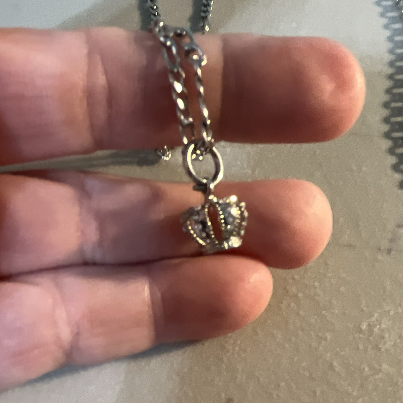 Silver Tone Rope Chain Necklace with Clear Simulated Crystal Pavé Crown Charm