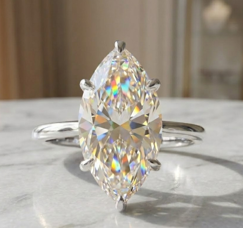 8 CT Certified Marquise Cut White Diamond Ring, Tariffs FREE & Matching Studs.