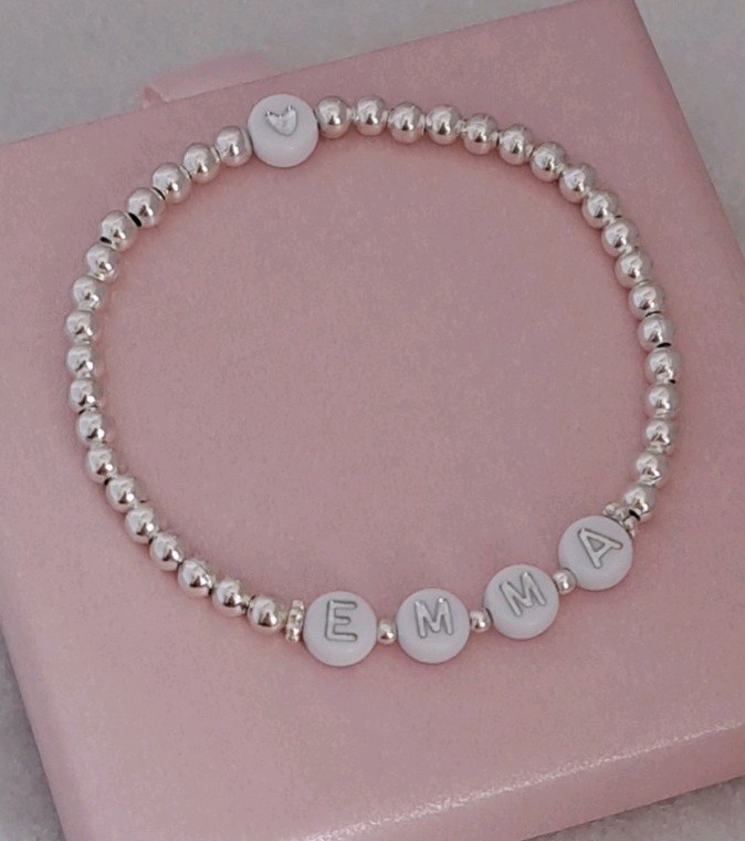 Name or Initial Bracelet Silver Beaded Stretchy Stacking Gift for Women or Kids