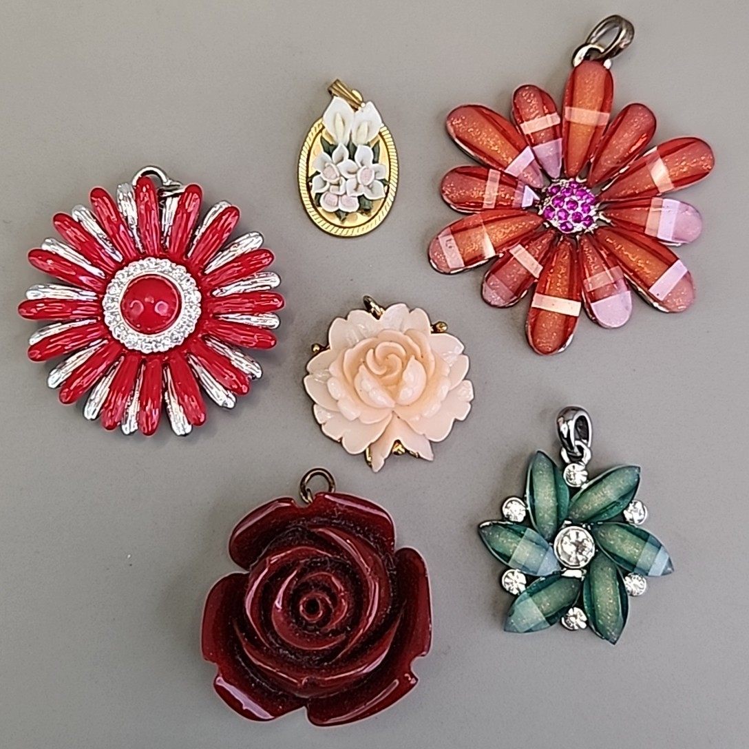 Vintage Flower Pendant Lot of 6 Red Peach Celluloid Acrylic Resin