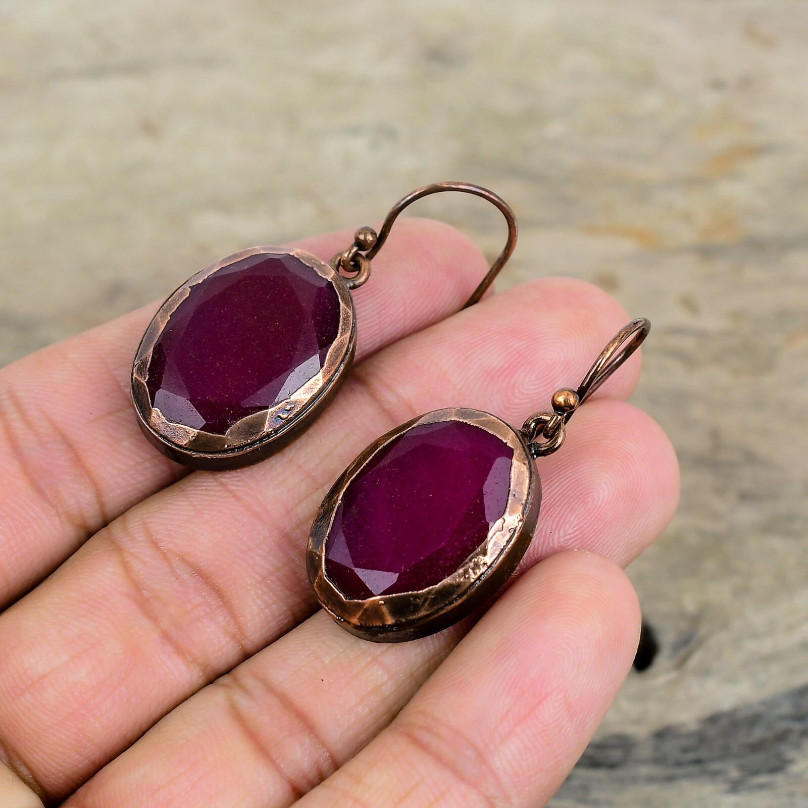 Natural Kashmir Rubi Copper Bezel Dangle Electroformed Daughter Earrings Jewelry