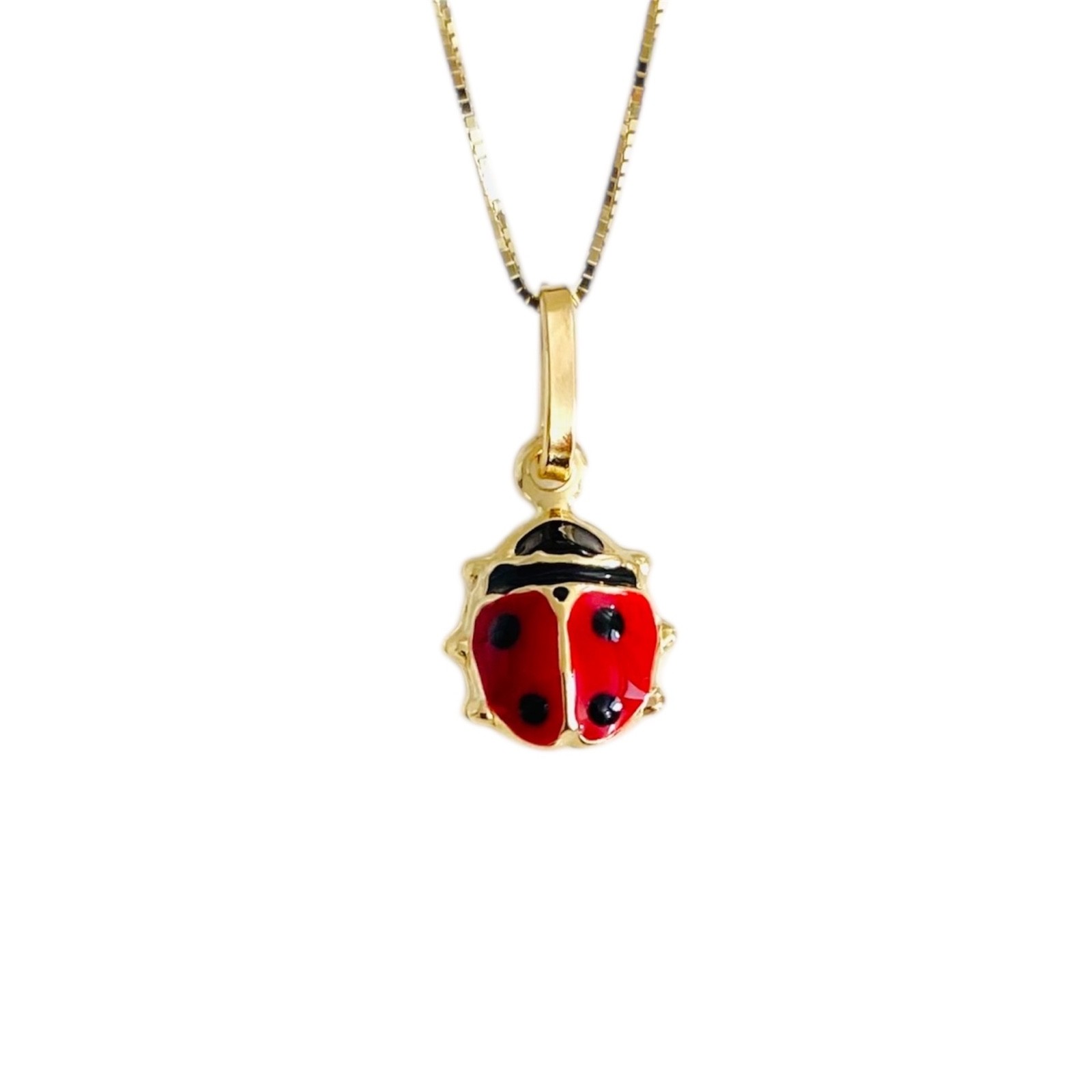 14K Solid Yellow Gold Ladybug Lucky Pendant Necklace – 0.5mm Box Chain- PT505